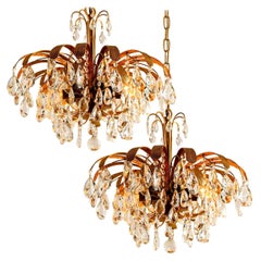 Pair of Crystal Glass Gilt Bras 6-Light Chandeliers by Palwa, 1960s