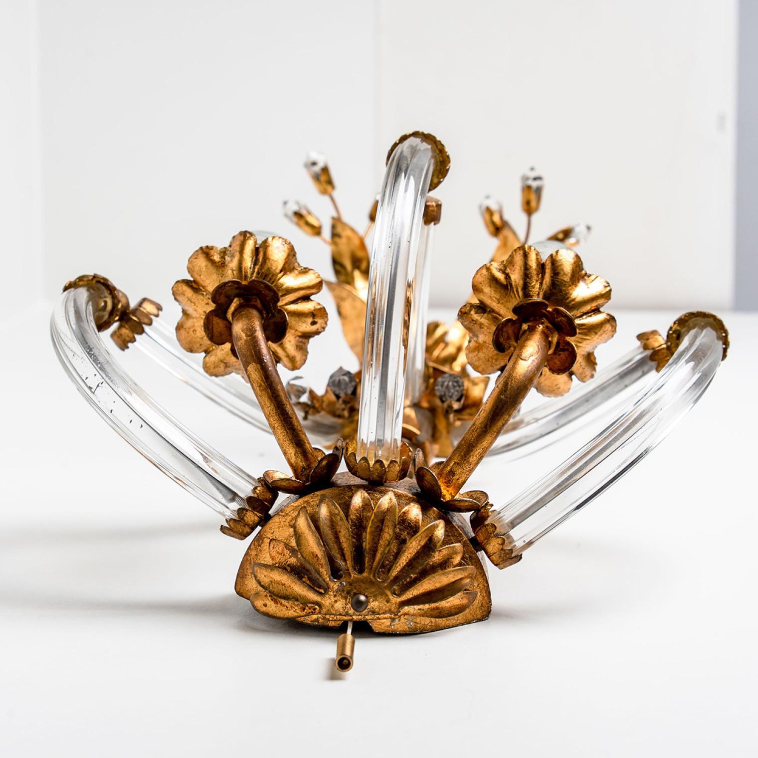 Pair of Crystal Glass Gilt Brass Wall Lights by Palwa, 1960s For Sale 3