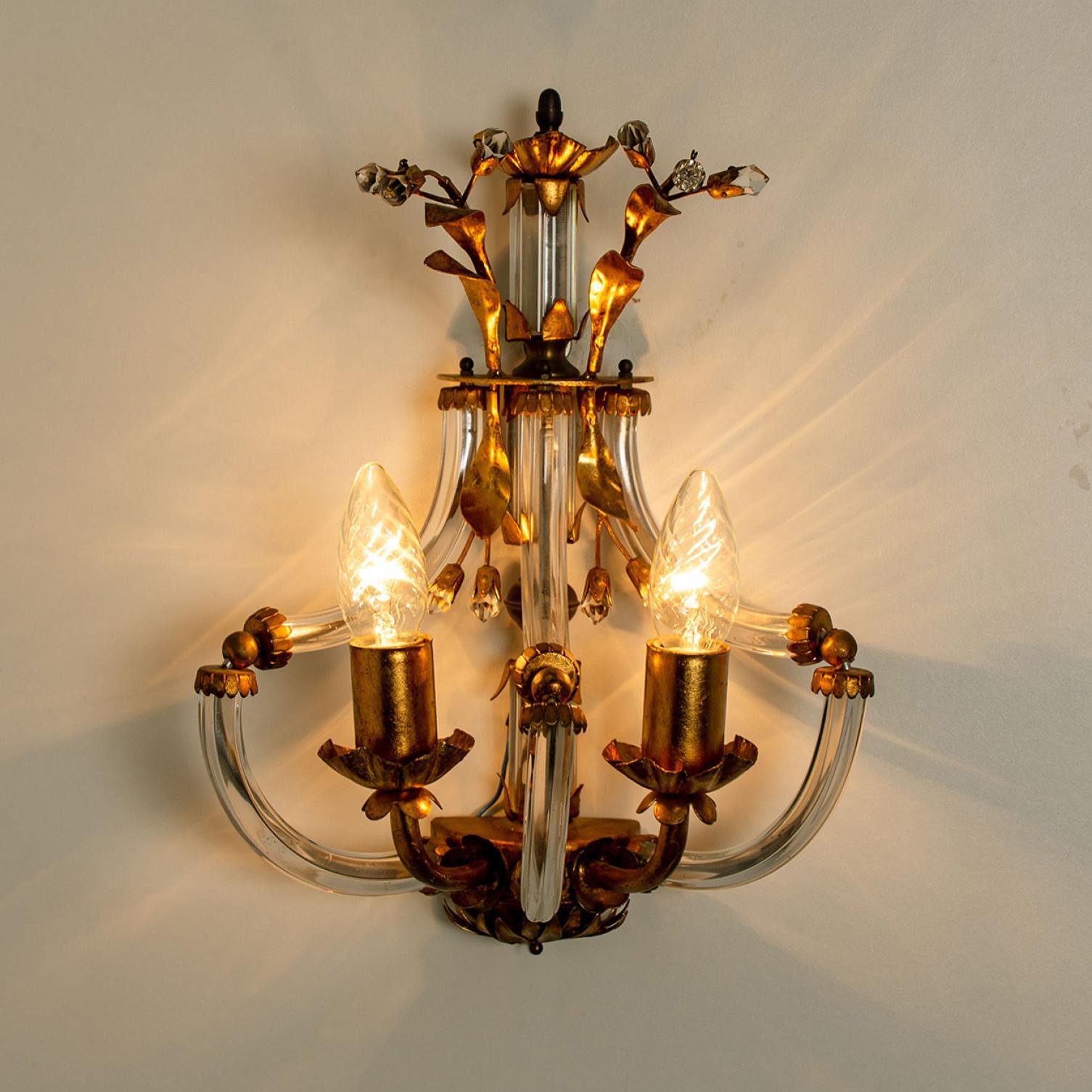 Pair of Crystal Glass Gilt Brass Wall Lights by Palwa, 1960s For Sale 5