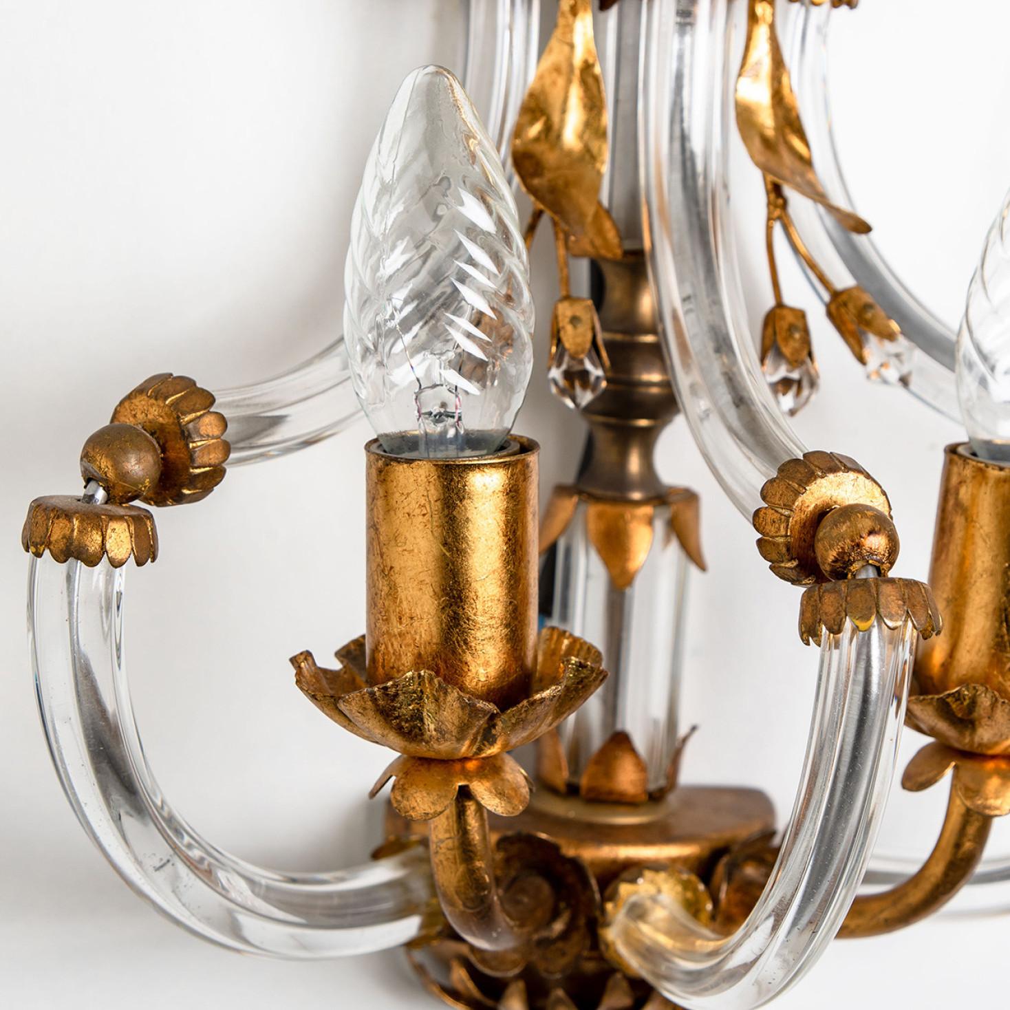Mid-Century Modern Pair of Crystal Glass Gilt Brass Wall Lights by Palwa, 1960s For Sale