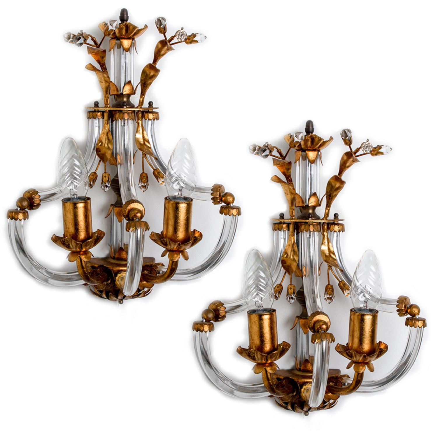 German Pair of Crystal Glass Gilt Brass Wall Lights by Palwa, 1960s For Sale