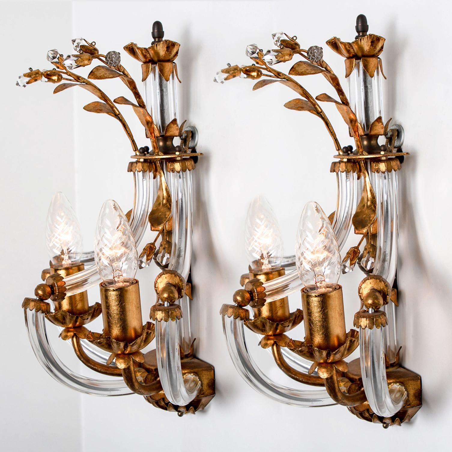 Other Pair of Crystal Glass Gilt Brass Wall Lights by Palwa, 1960s For Sale