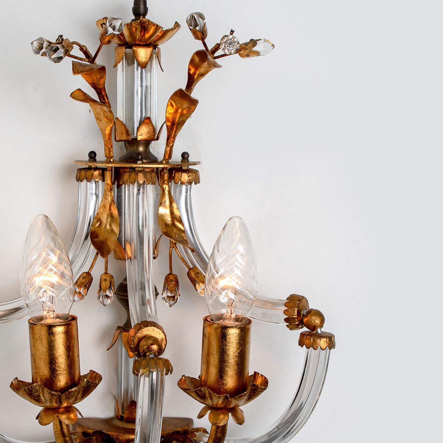 Pair of Crystal Glass Gilt Brass Wall Lights by Palwa, 1960s In Good Condition For Sale In Rijssen, NL