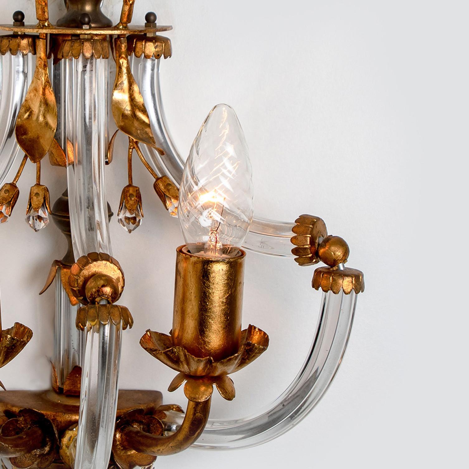 Mid-20th Century Pair of Crystal Glass Gilt Brass Wall Lights by Palwa, 1960s For Sale