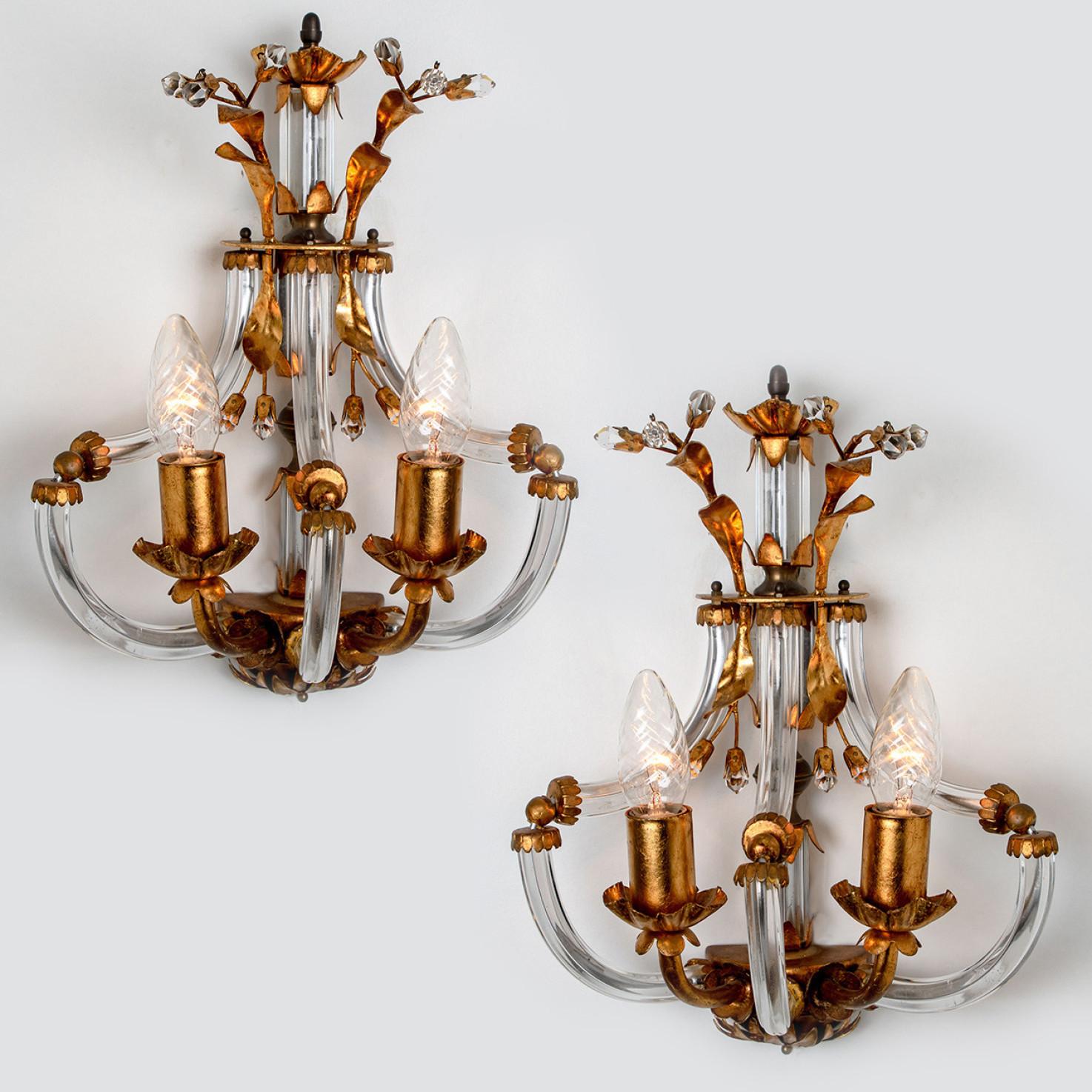 Pair of Crystal Glass Gilt Brass Wall Lights by Palwa, 1960s For Sale 2