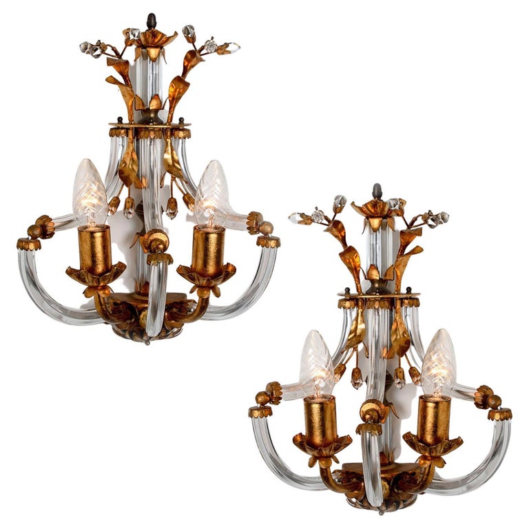 Pair of Crystal Glass Gilt Brass Wall Lights by Palwa, 1960s For Sale