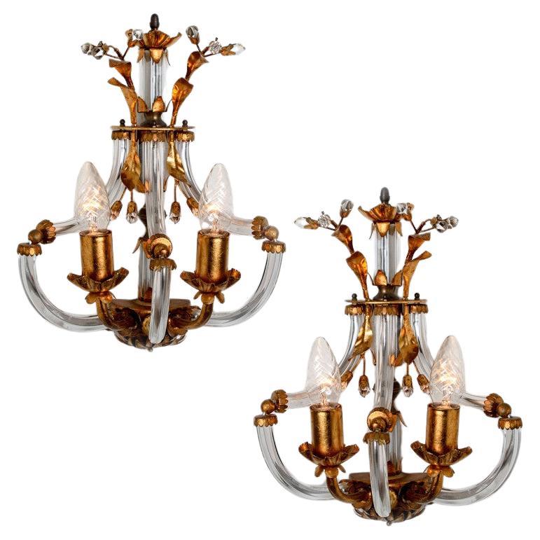 Pair of Crystal Glass Gilt Brass Wall Lights by Palwa, 1960s For Sale