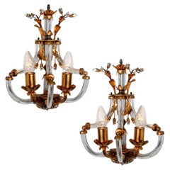 Pair of Crystal Glass Gilt Brass Wall Lights by Palwa, 1960s
