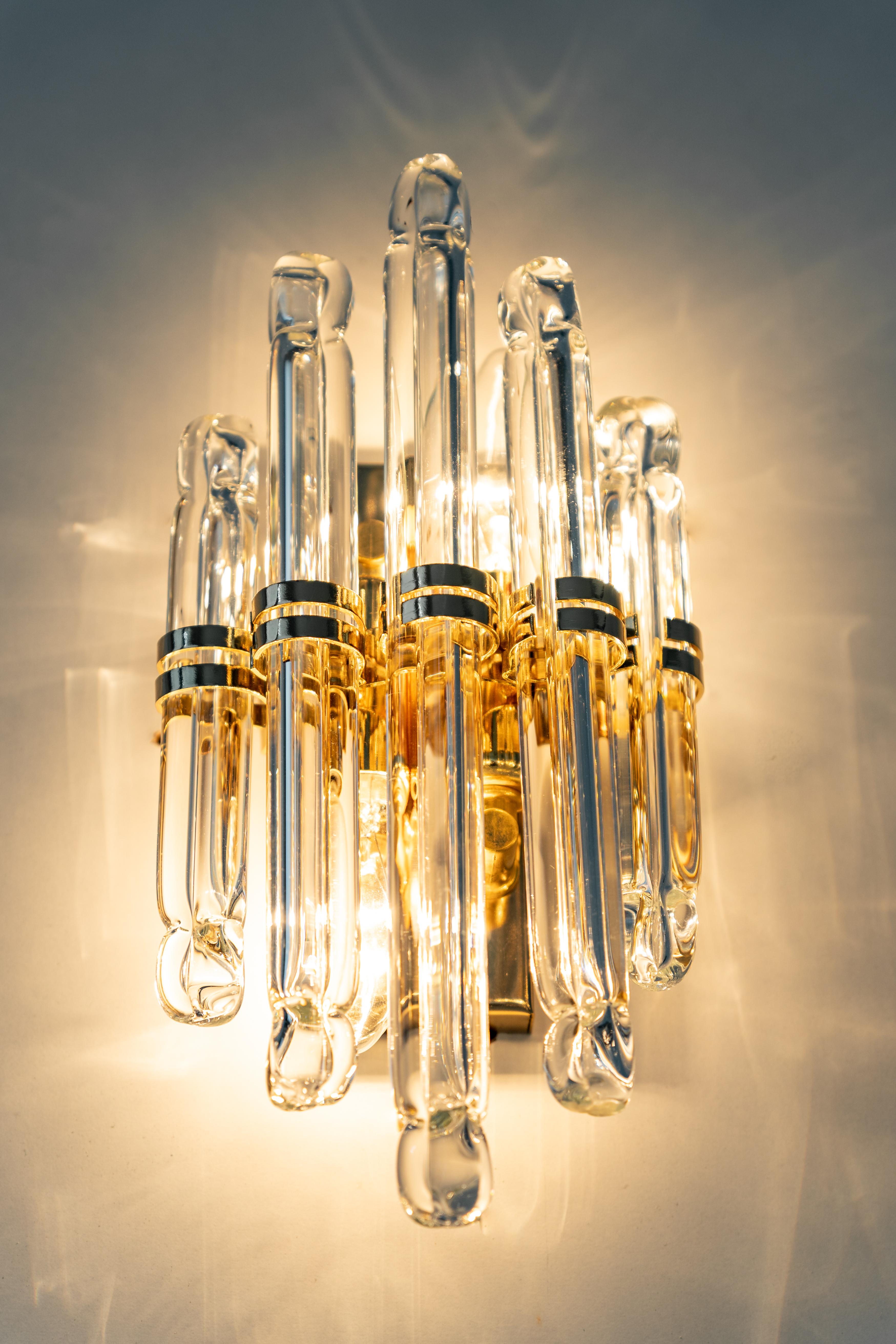 Brass Pair of Crystal Glass Wall Lights in Venini Style, Italy, 1970s