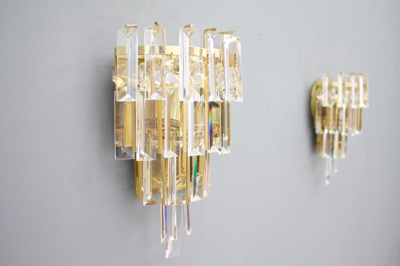 Gold Pair of Crystal Glass Wall Sconces by Palwa, Germany, 1960s