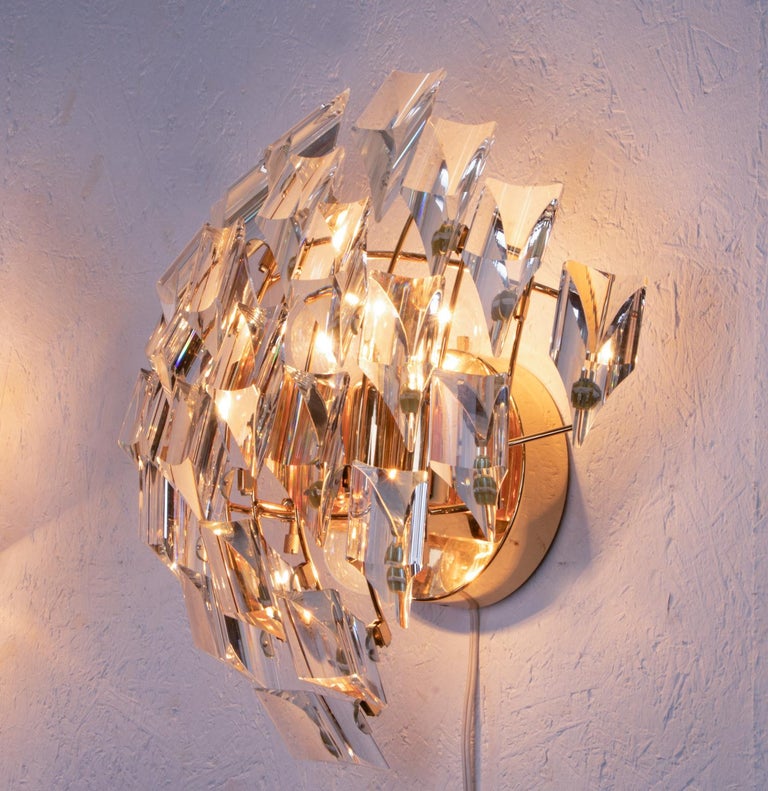 Pair of Crystal and Gold Plated Wall Lights by Oscar Torlasco for