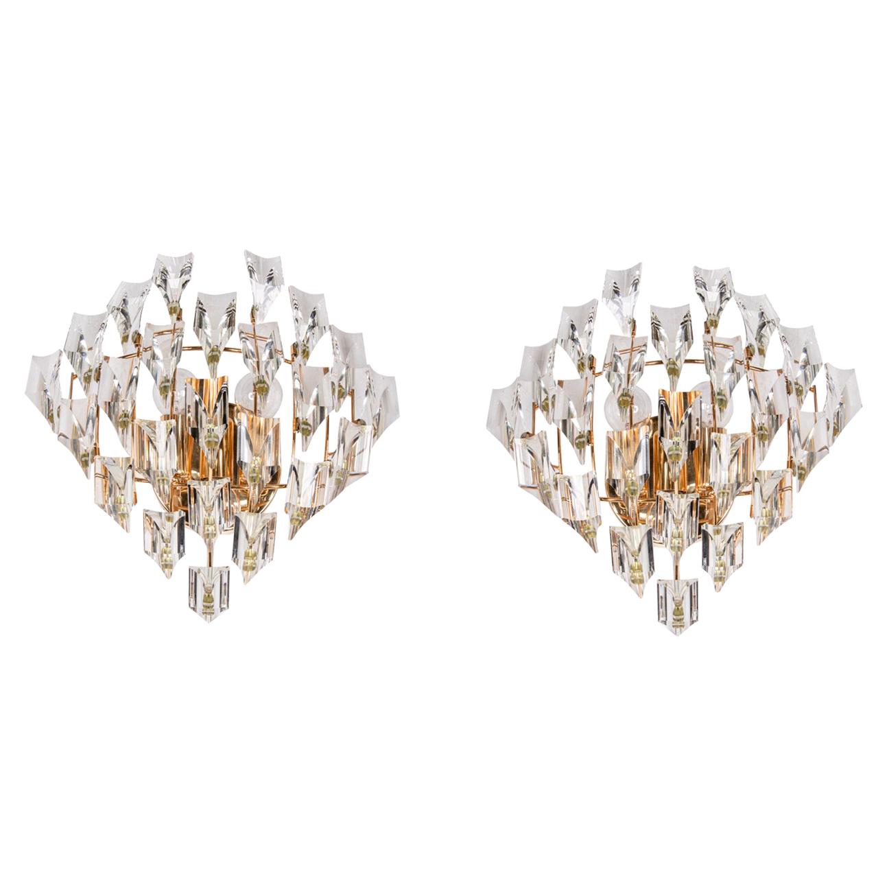Coppia di applique in cristallo e placcate oro di Oscar Torlasco per Stilkronen anni '70