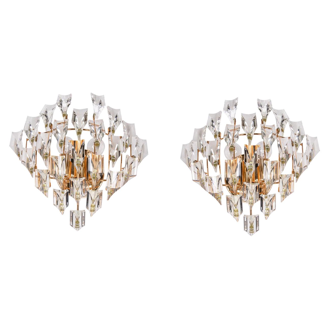 Pair of Crystal & Gold Plated Wall Lights by Oscar Torlasco for Stilkronen 1970s