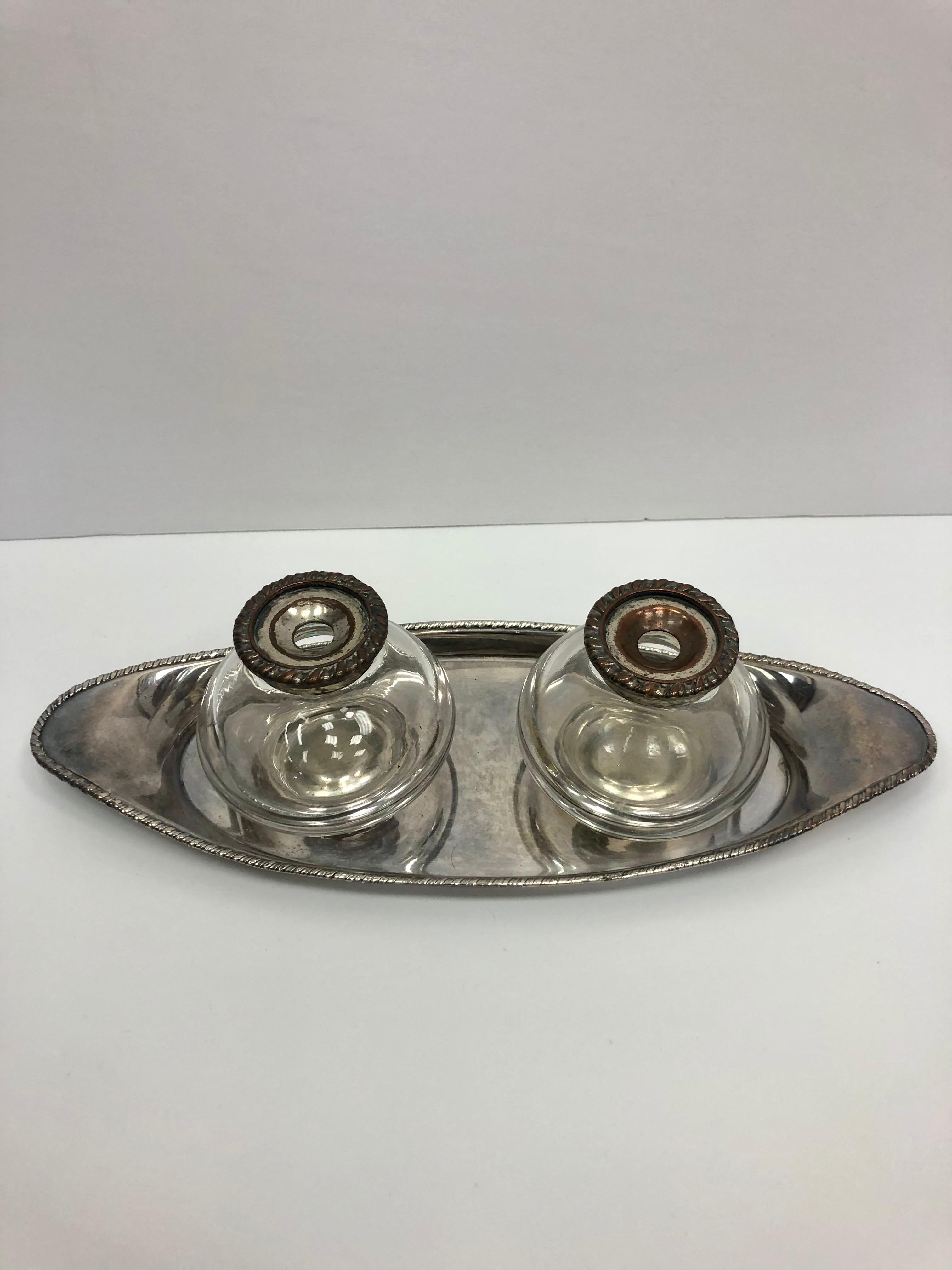 Pair of Crystal Inkwells on Silver Tray, England, 1850 For Sale 6