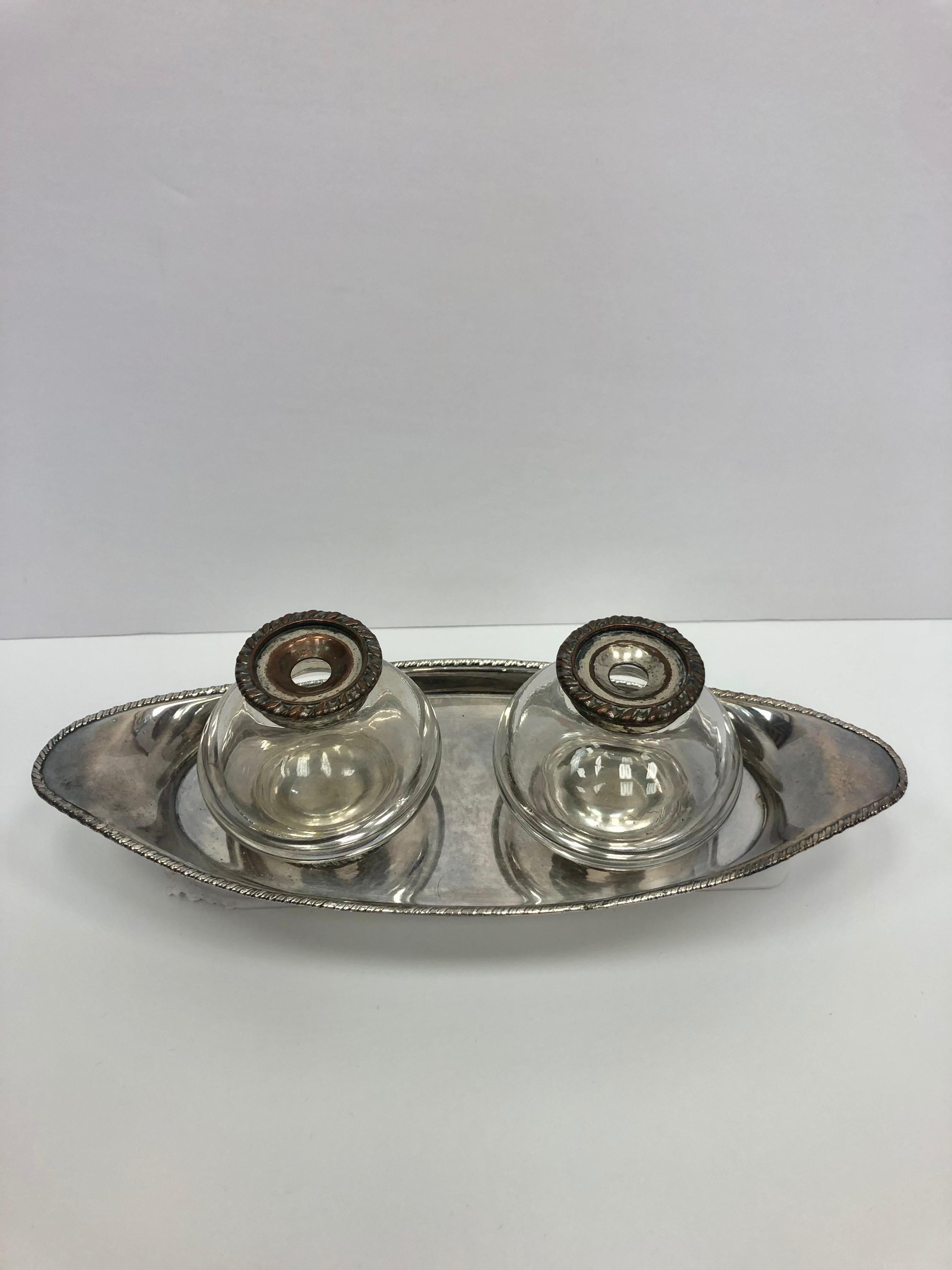 English Pair of Crystal Inkwells on Silver Tray, England, 1850 For Sale