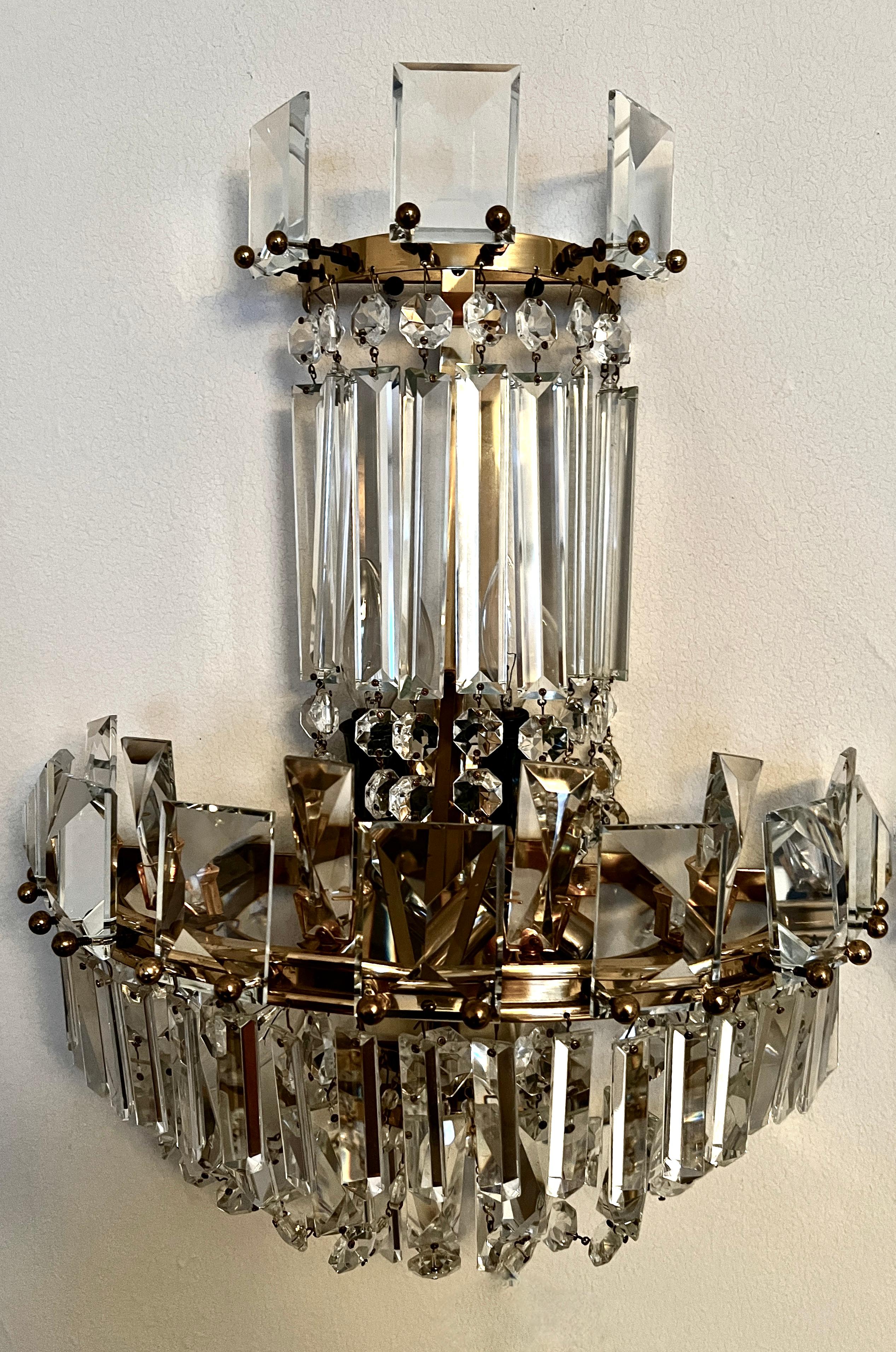 Polished Pair of Crystal Mid Century Wall Sconces For Sale