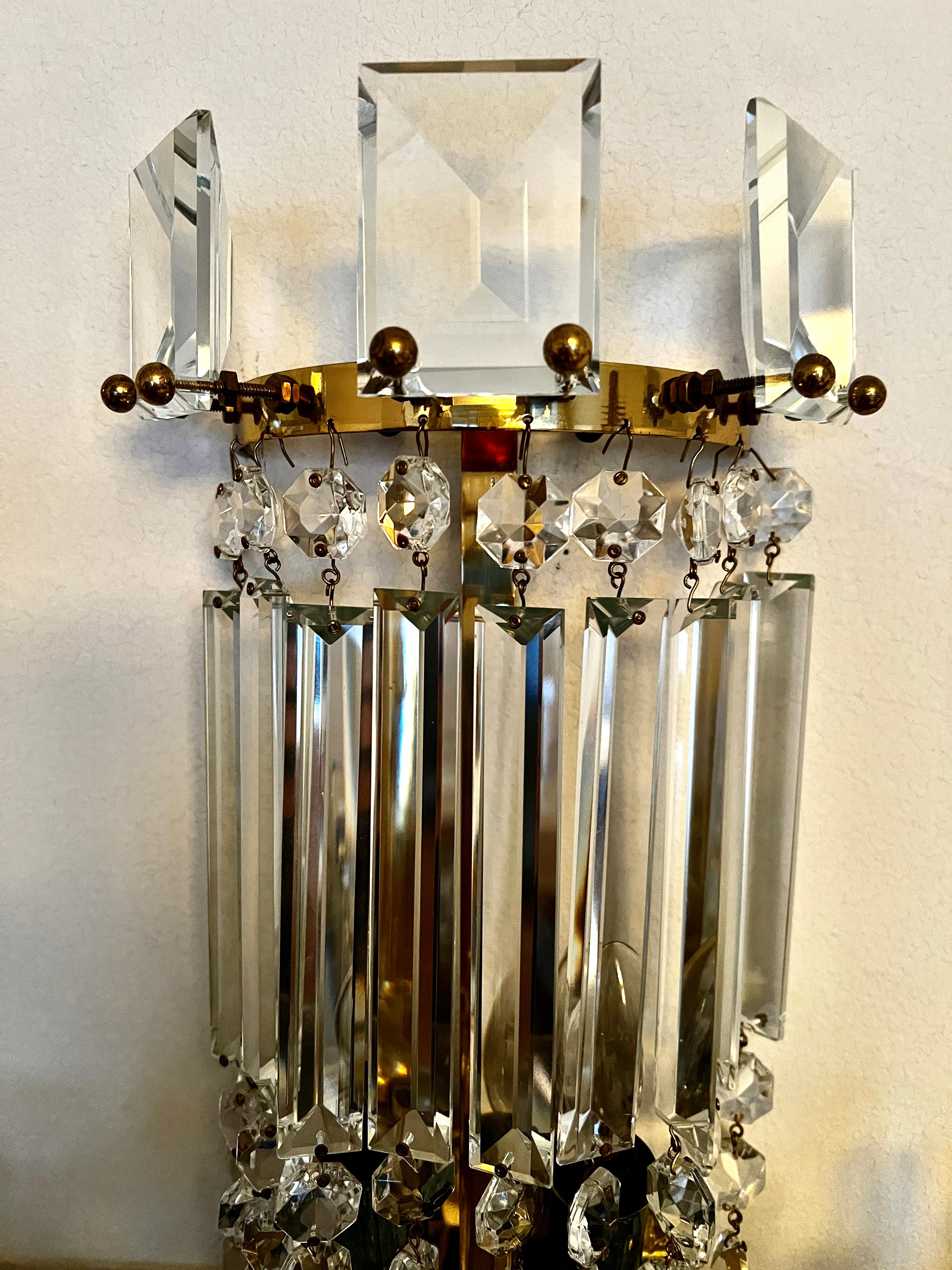 Pair of Crystal Mid Century Wall Sconces In Good Condition For Sale In Los Angeles, CA