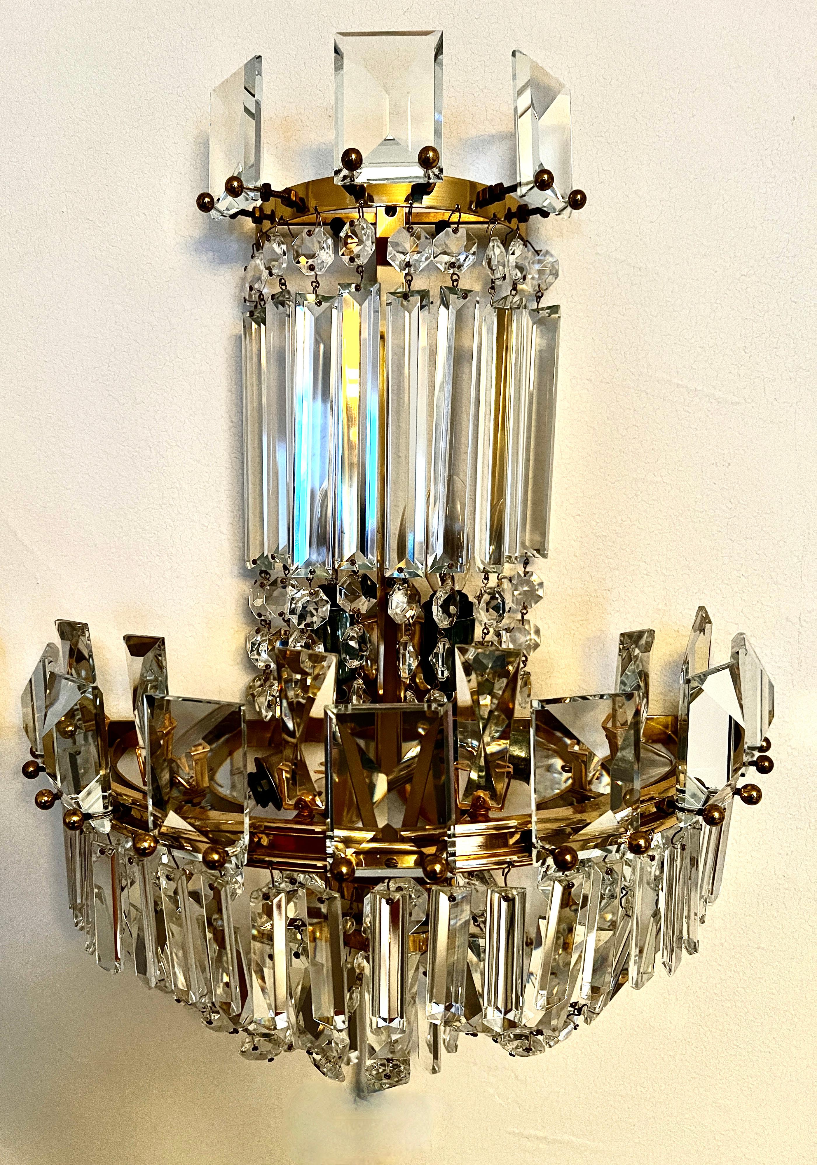 20th Century Pair of Crystal Mid Century Wall Sconces For Sale