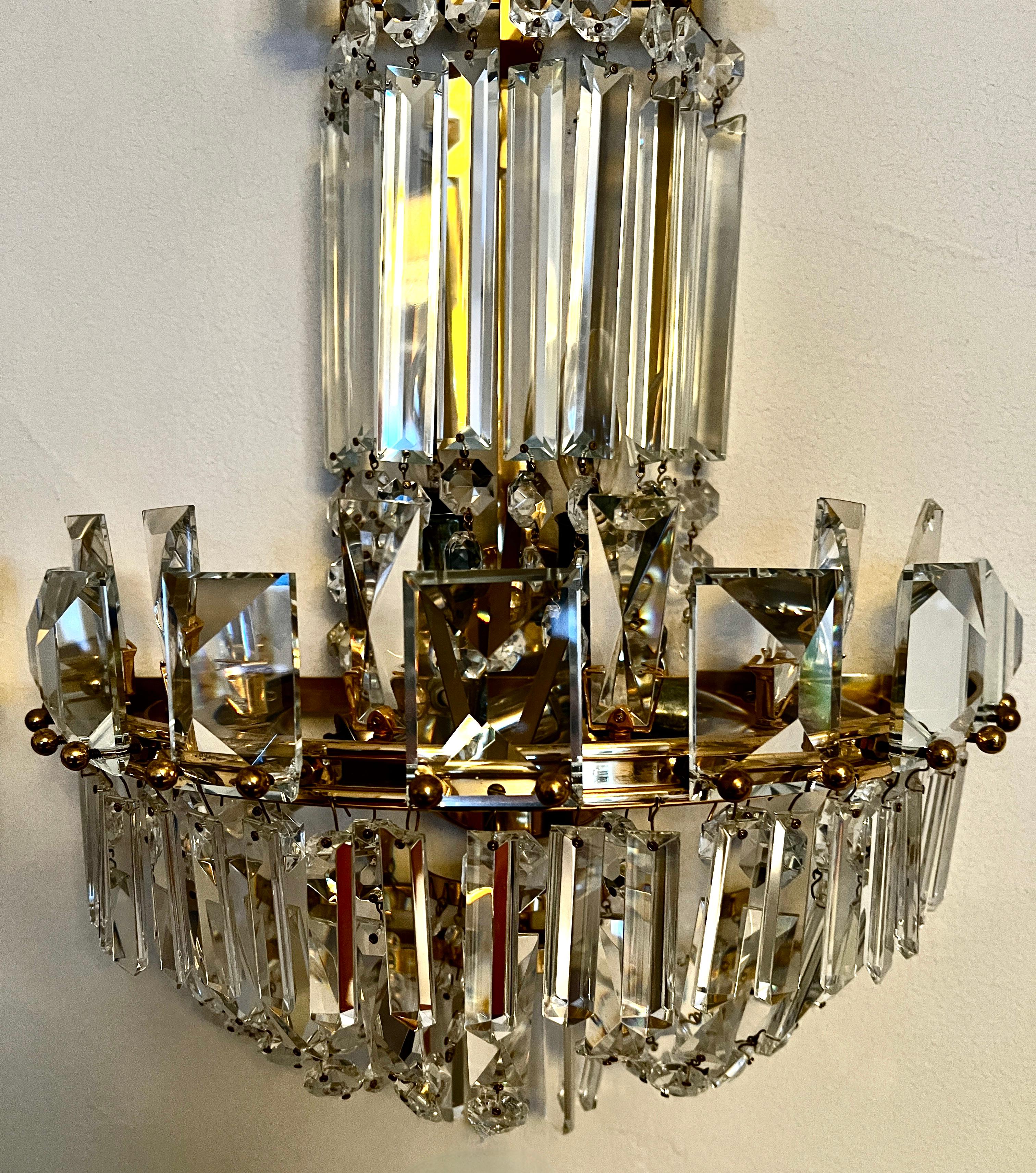 Brass Pair of Crystal Mid Century Wall Sconces For Sale