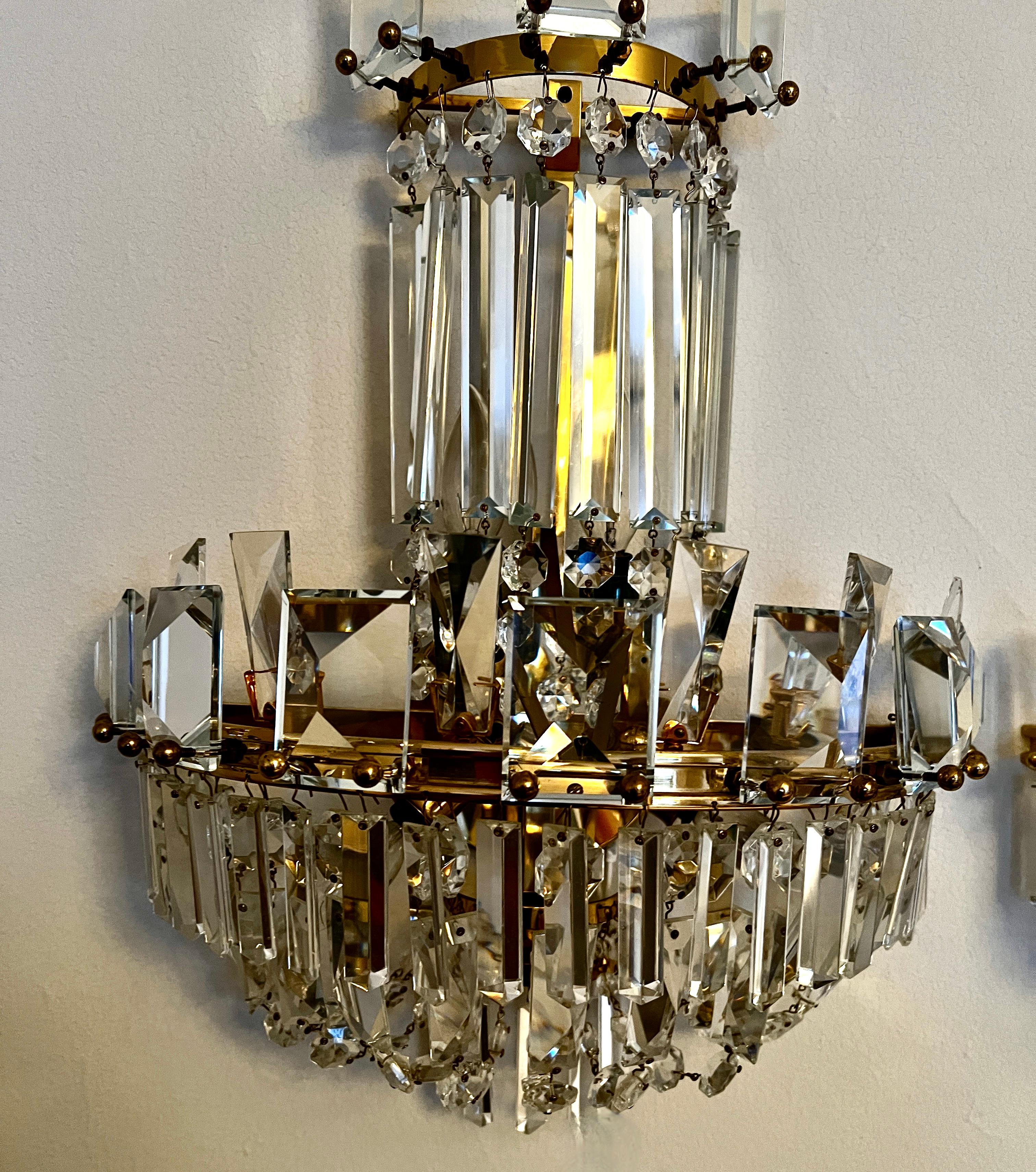 Pair of Crystal Mid Century Wall Sconces For Sale 1