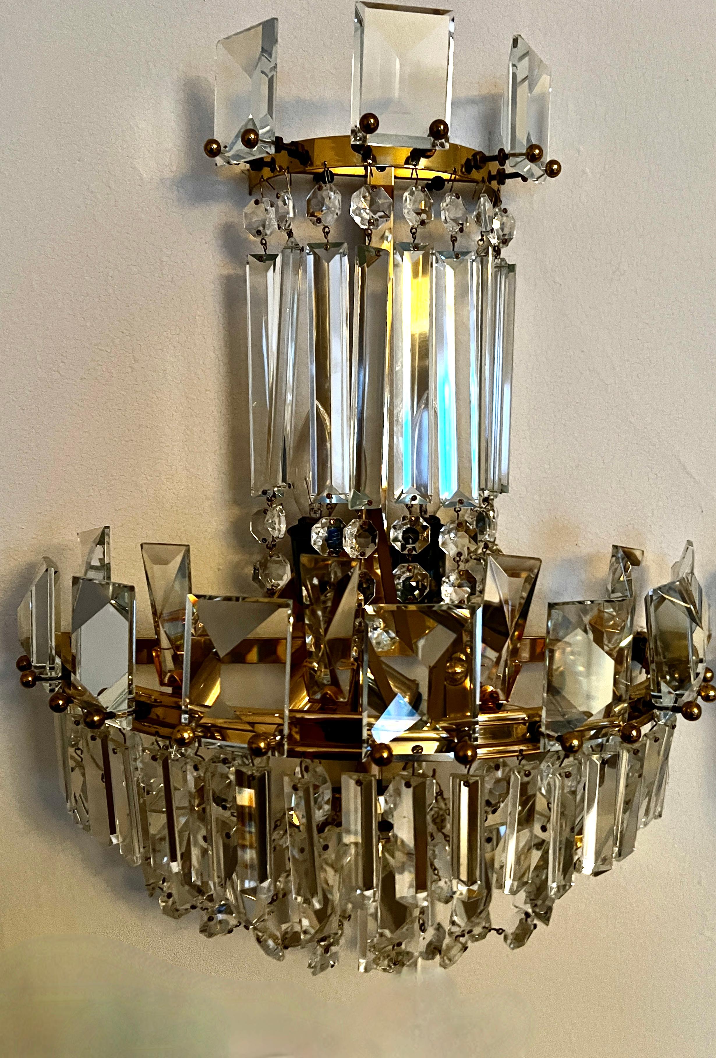 Pair of Crystal Mid Century Wall Sconces For Sale 2