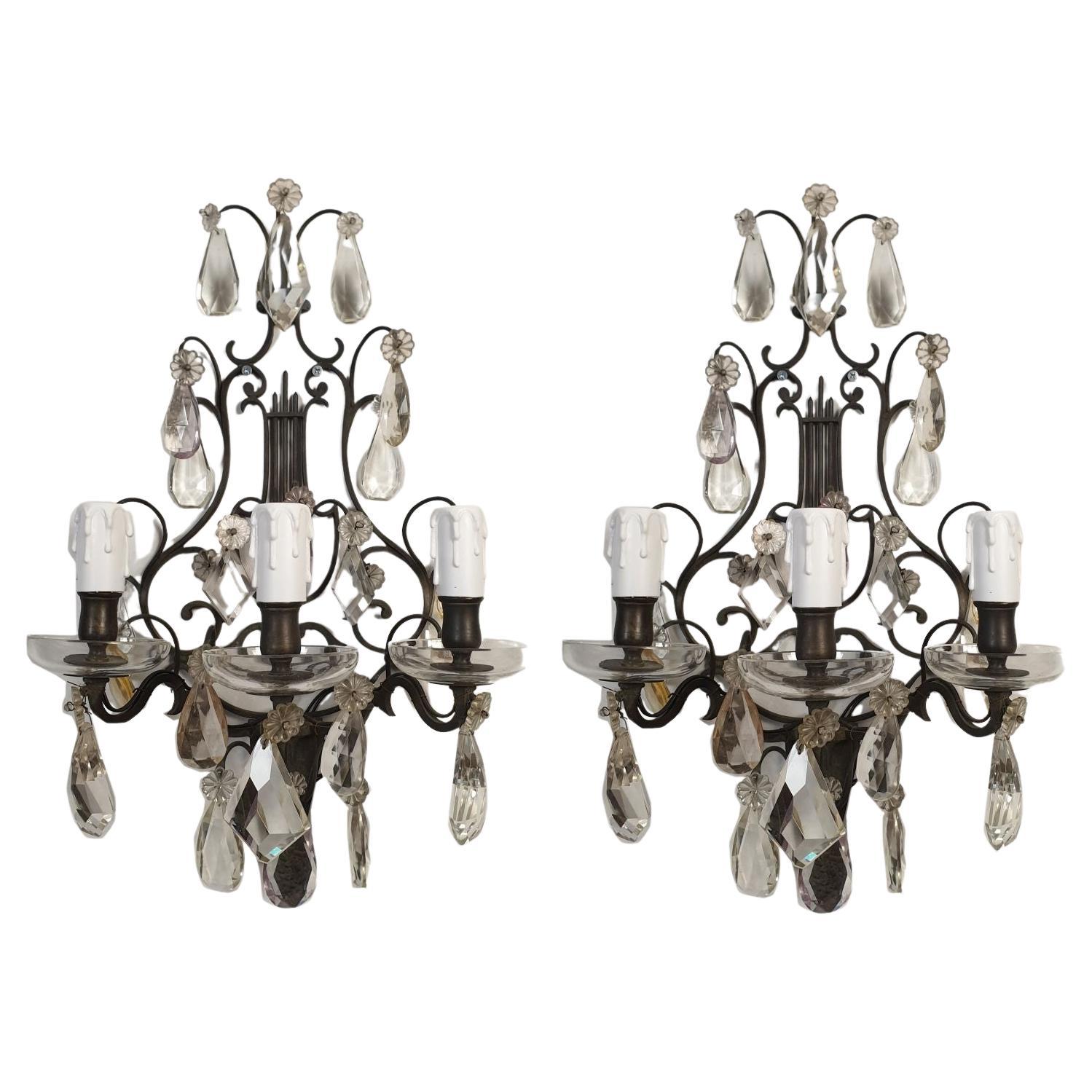 Pair of crystal neoclassical French sconces For Sale