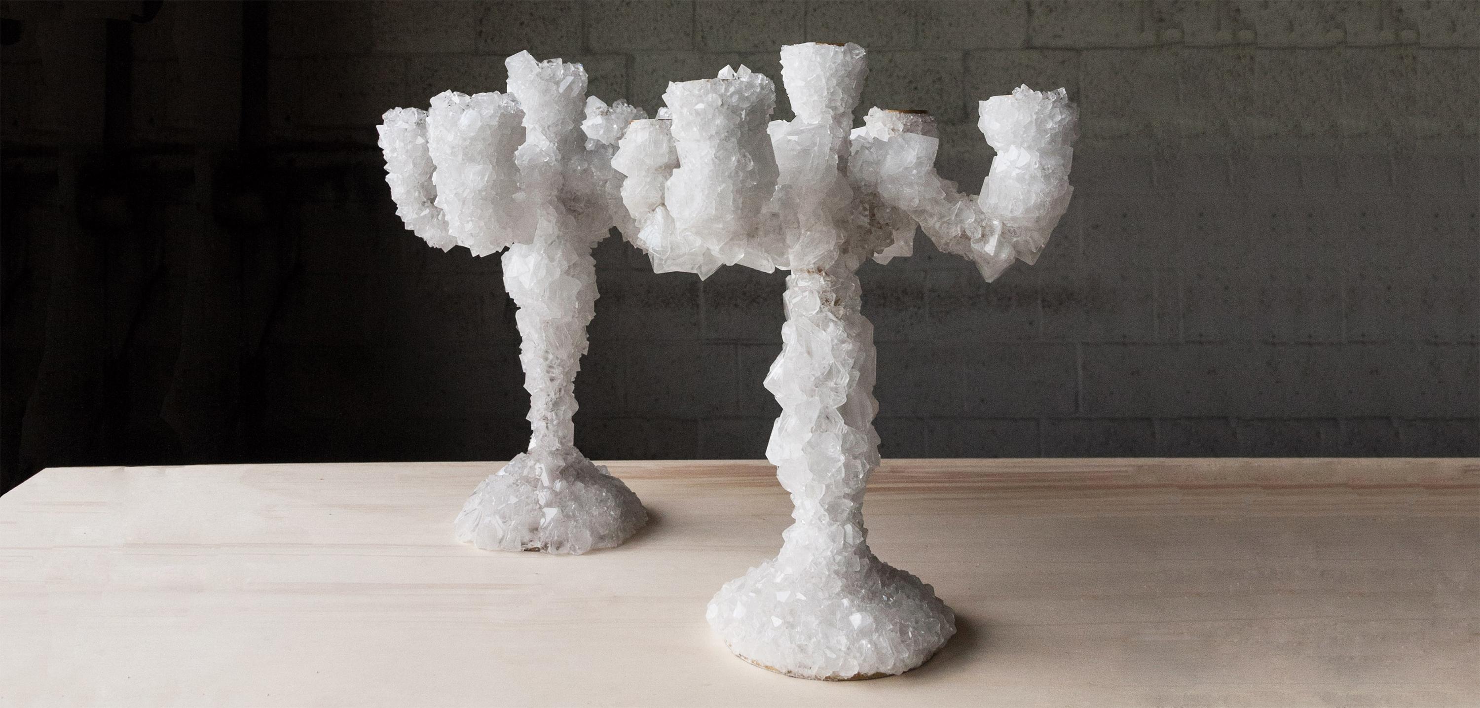 Pair of crystal overgrown candelabras - Mark Sturkenboom
Hand sculpted unique design artwork by Mark Sturkenboom
Dimensions: 53 x 28 x 28 cm
Material: aluminium candleholder, natural grown crystal
Detail: crystal can also be in grey /