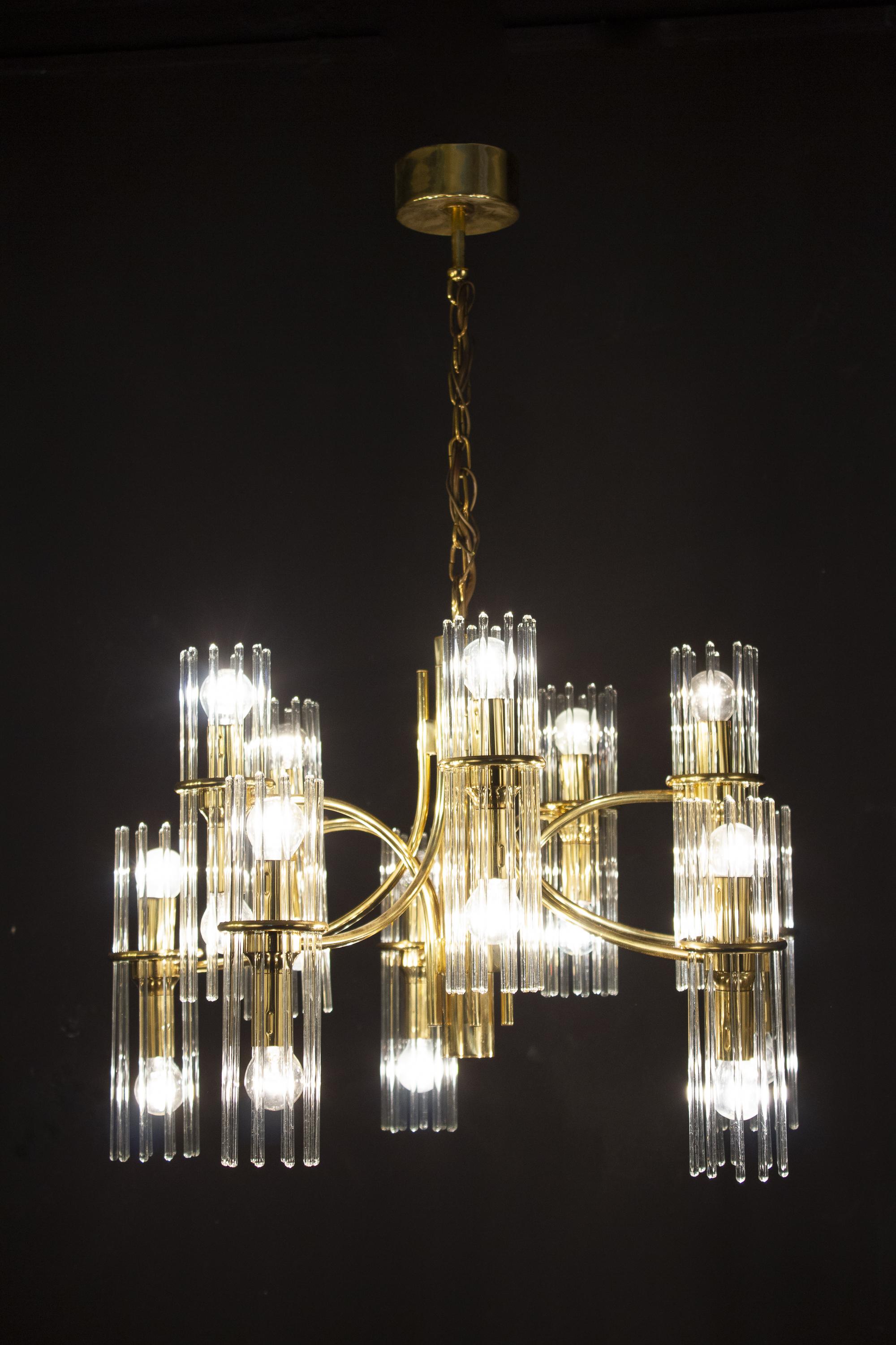 Mid-Century Modern Pair of Crystal Rod and Brass Chandelier or Lantern by Gaetano Sciolari, 1960s For Sale