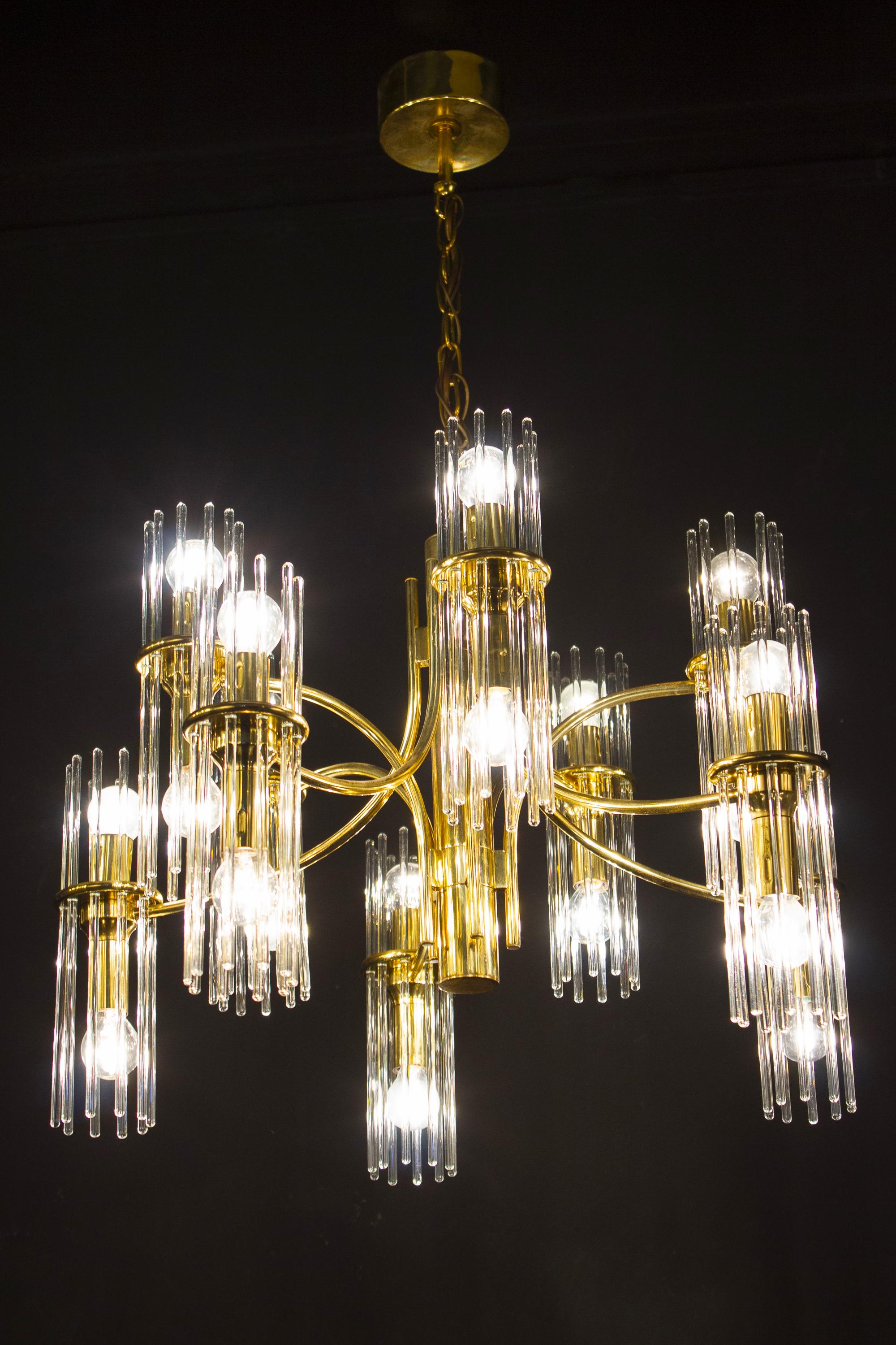 Italian Pair of Crystal Rod and Brass Chandelier or Lantern by Gaetano Sciolari, 1960s For Sale
