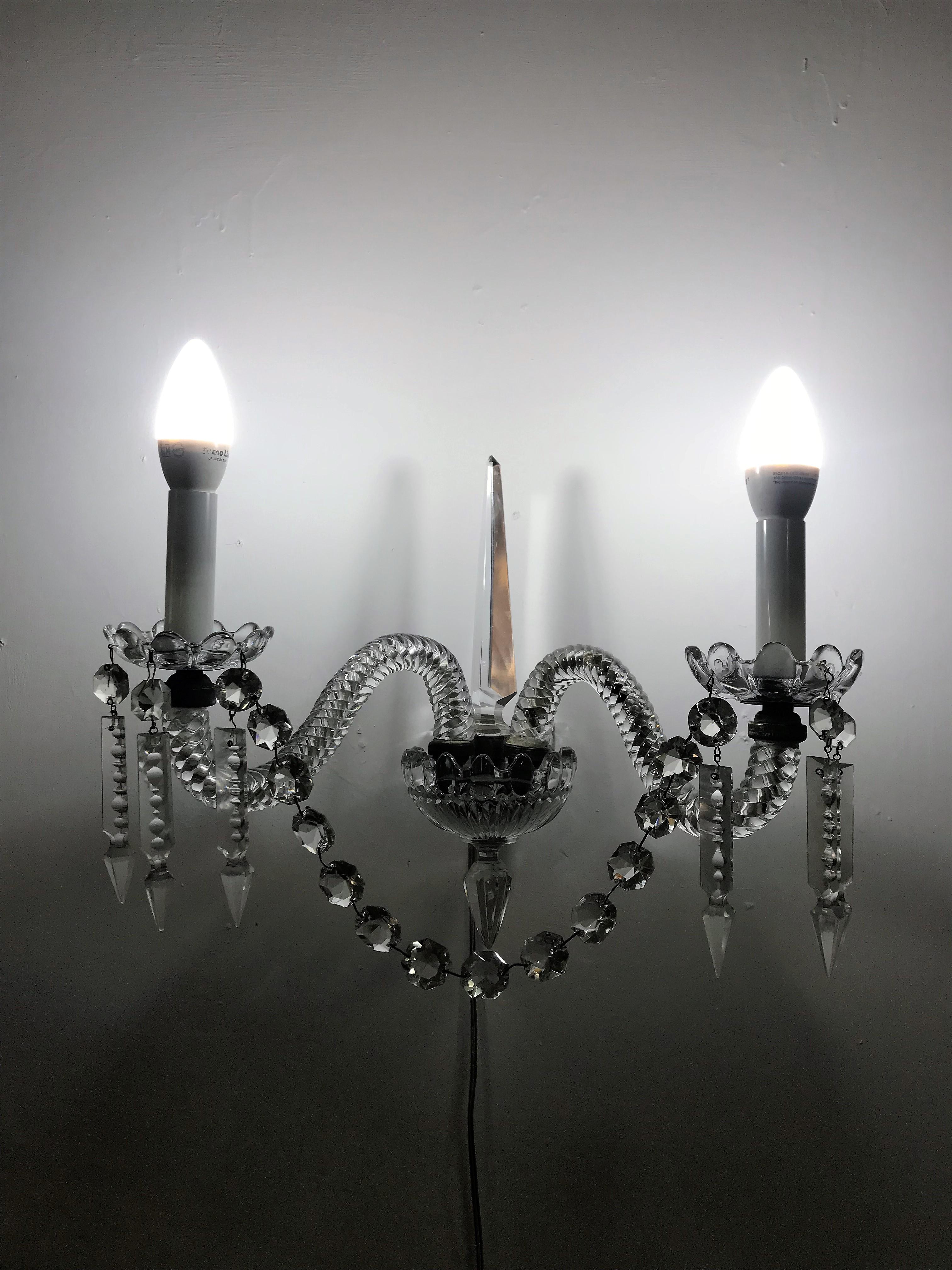 French Pair of Crystal Sconces by Baccarat, France, circa 1930 For Sale