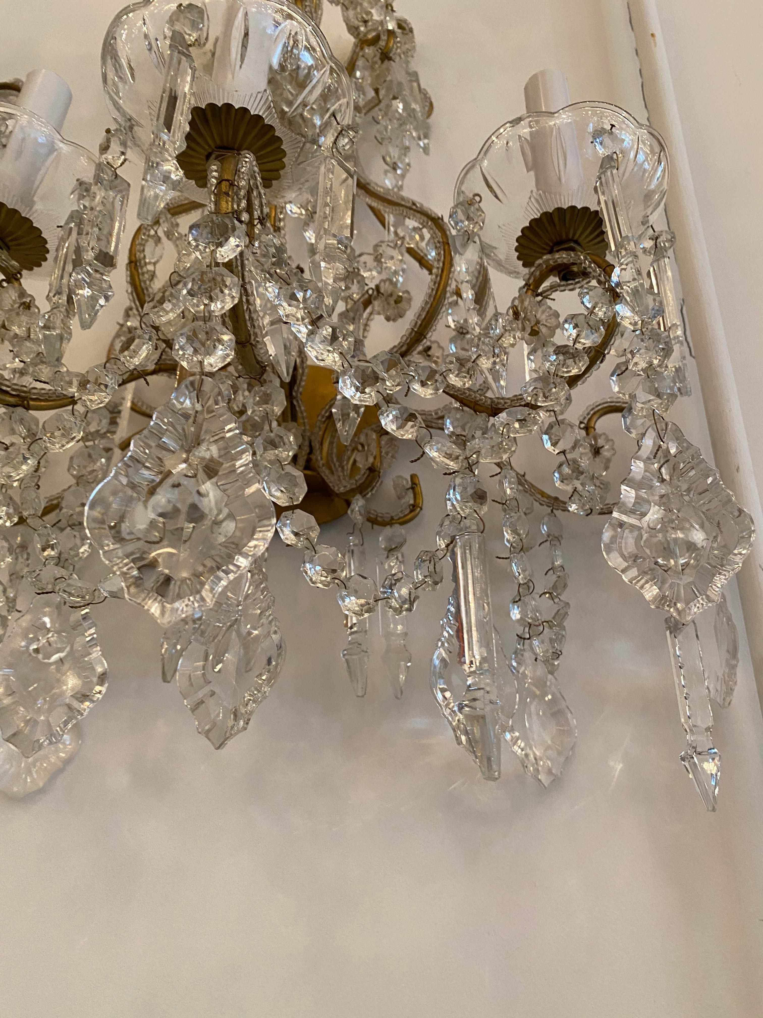 French Pair of Crystal Sconces For Sale