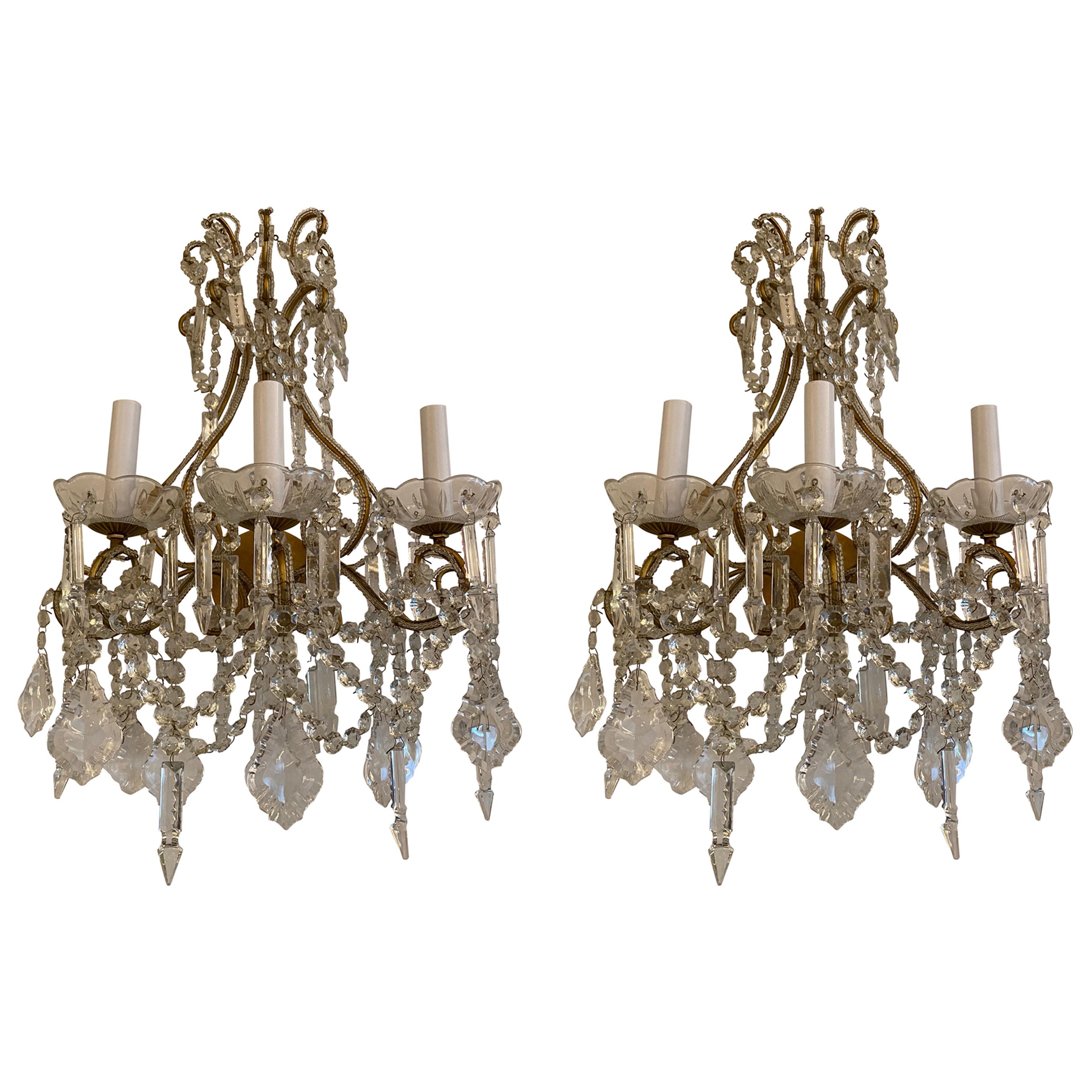 Pair of Crystal Sconces For Sale