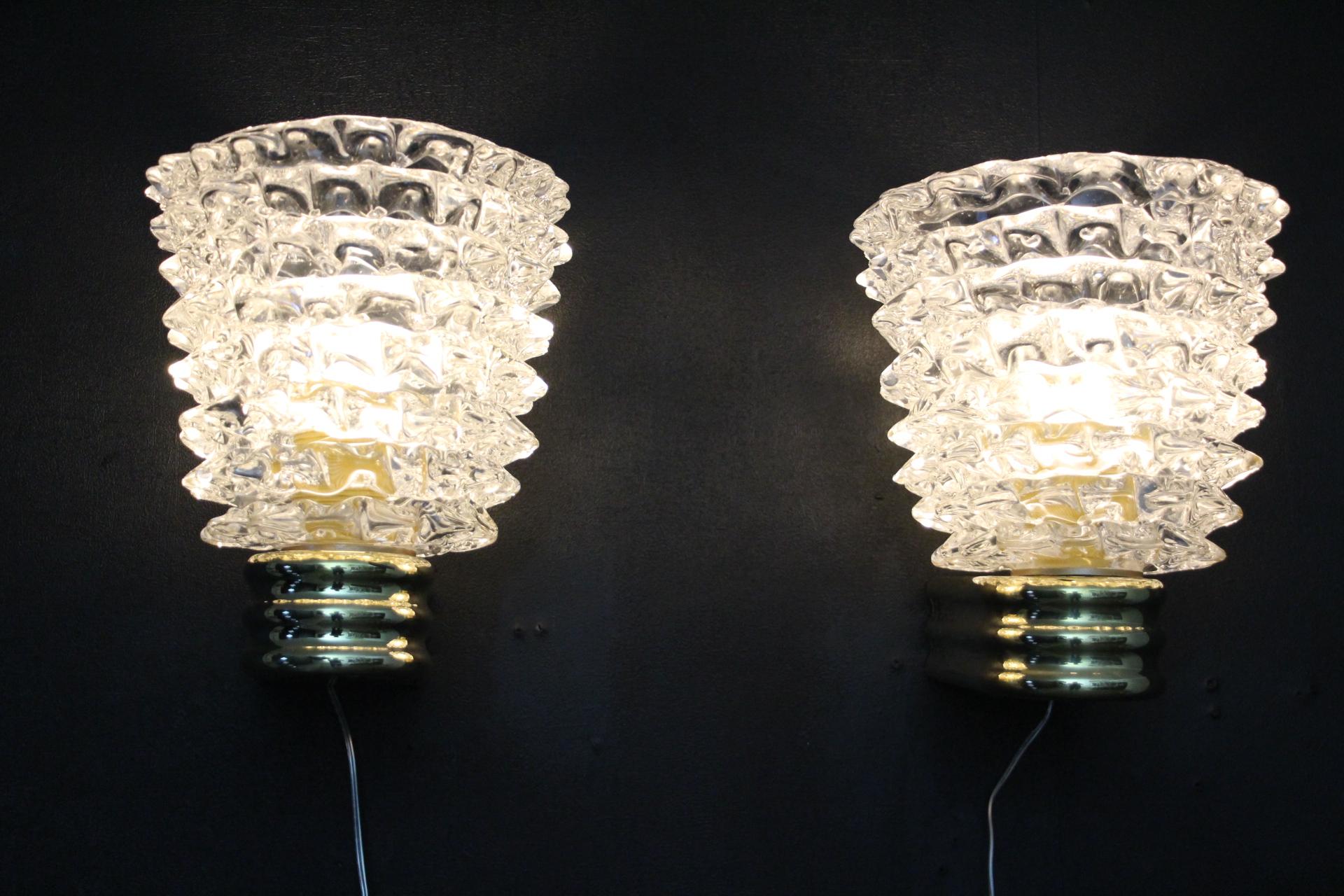 Pair of Wall Lights Sconces in Rostrato Murano Glass in the Style of Barovier 2