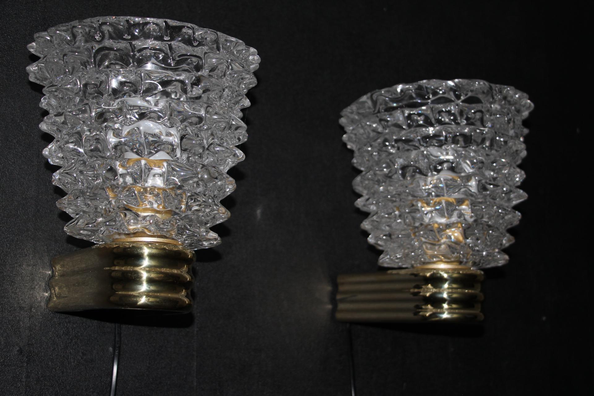 Hand-Crafted Pair of Wall Lights Sconces in Rostrato Murano Glass in the Style of Barovier