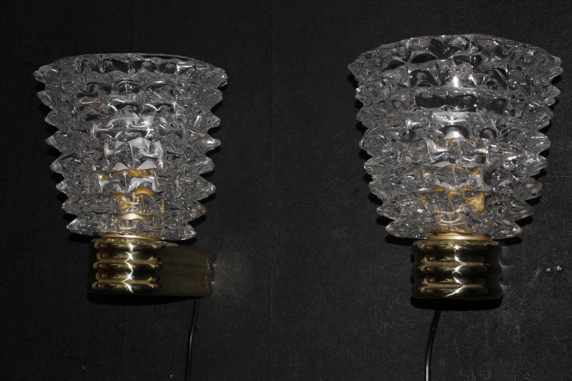 Pair of Wall Lights Sconces in Rostrato Murano Glass in the Style of Barovier In Excellent Condition In Saint-Ouen, FR
