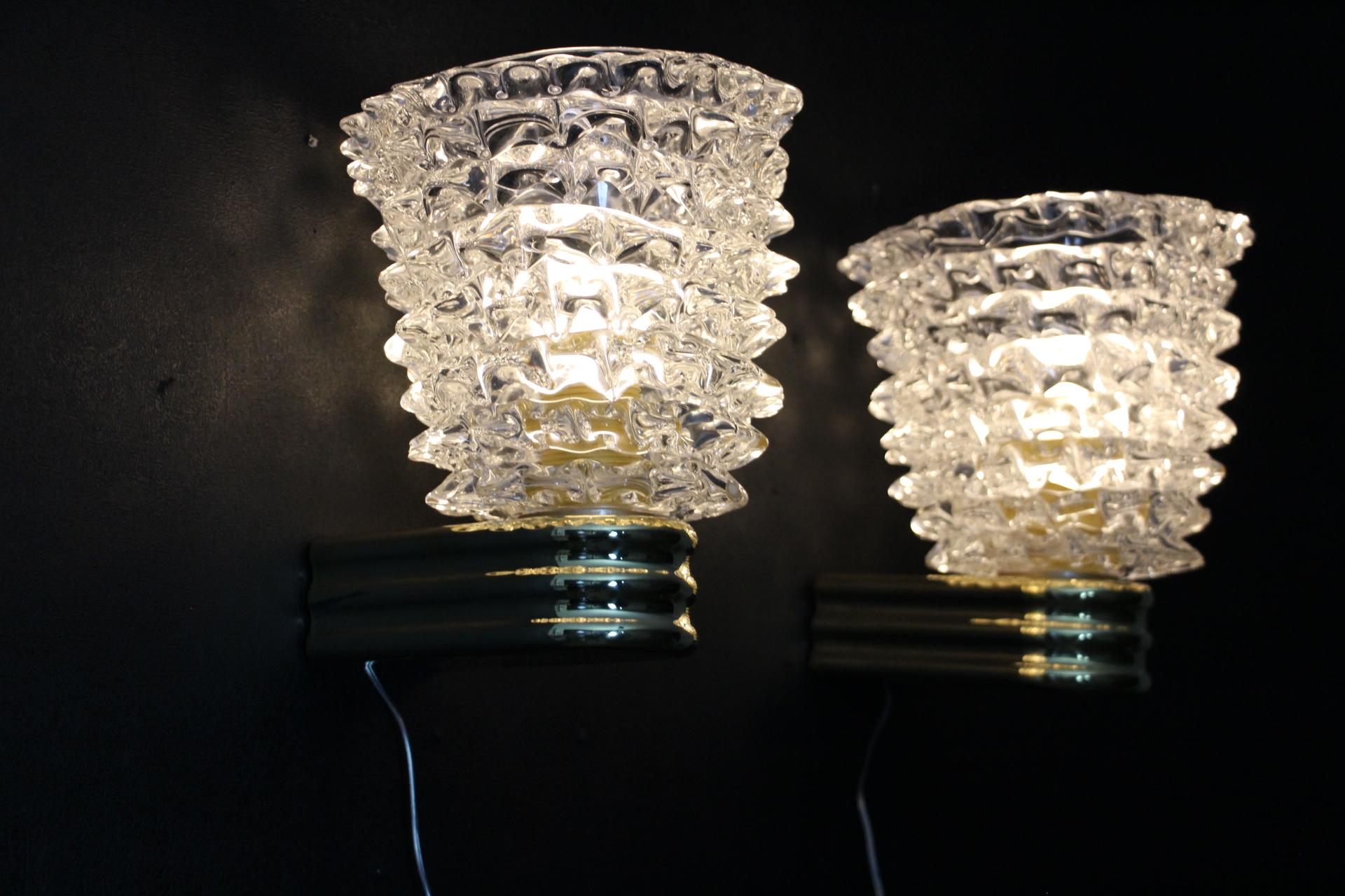 Pair of Wall Lights Sconces in Rostrato Murano Glass in the Style of Barovier 1