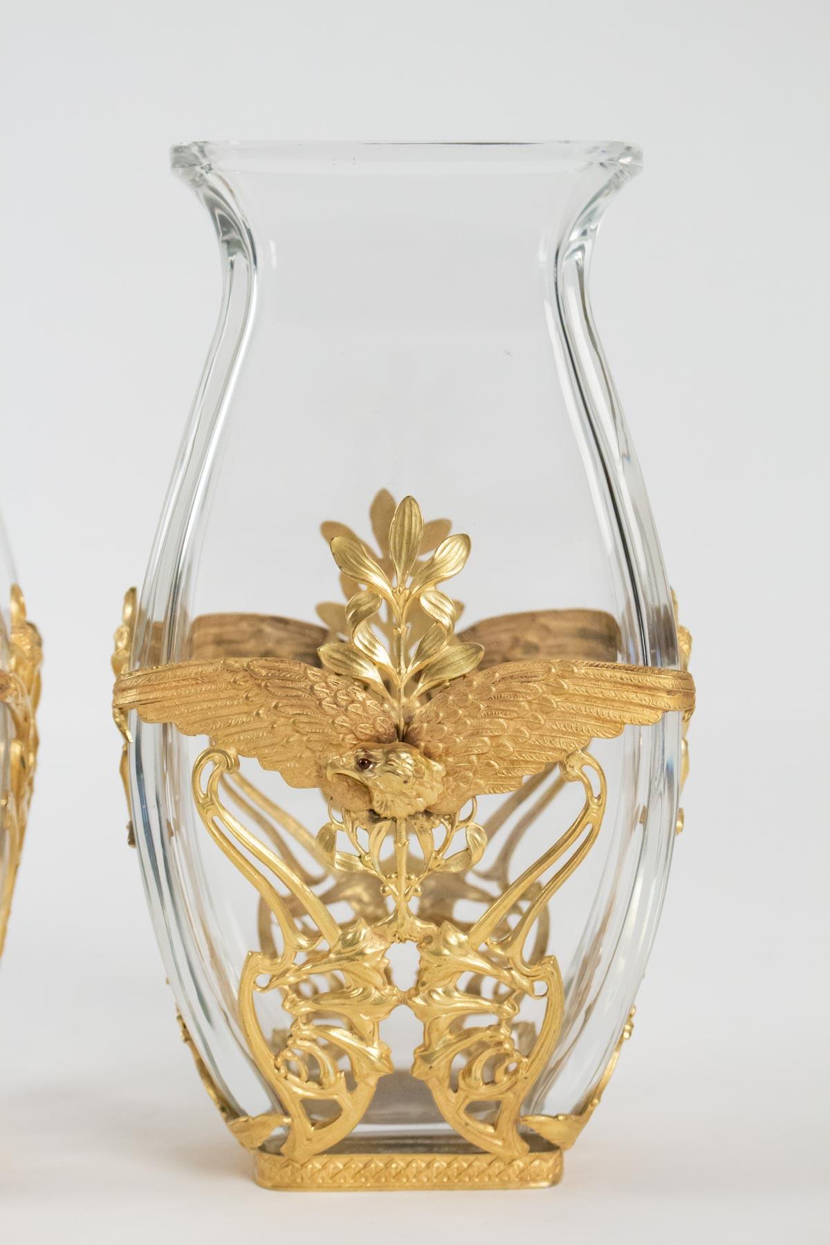 Pair of Crystal Vases and Mounted Brass Chiseled and Gilded, Large Decoration 3