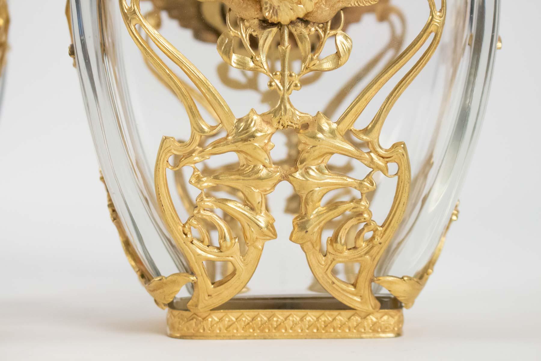 Art Nouveau Pair of Crystal Vases and Mounted Brass Chiseled and Gilded, Large Decoration