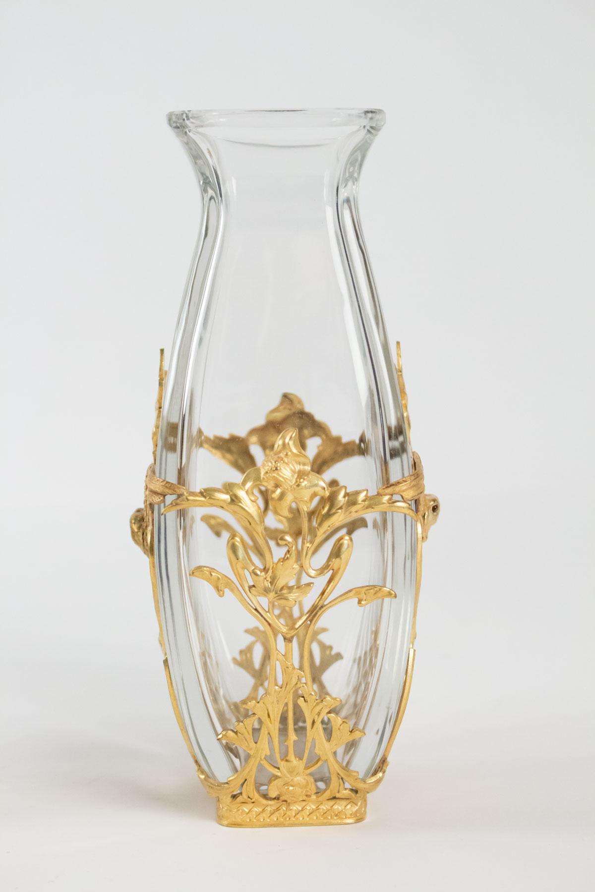French Pair of Crystal Vases and Mounted Brass Chiseled and Gilded, Large Decoration