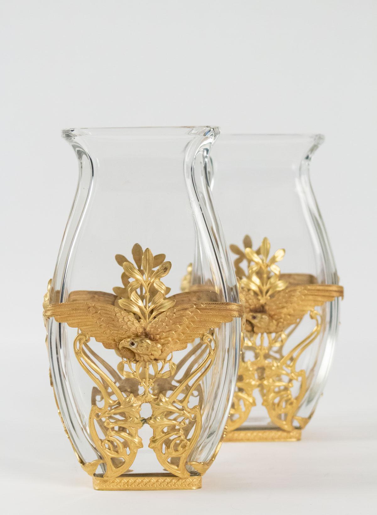 Pair of Crystal Vases and Mounted Brass Chiseled and Gilded, Large Decoration In Excellent Condition In Saint-Ouen, FR