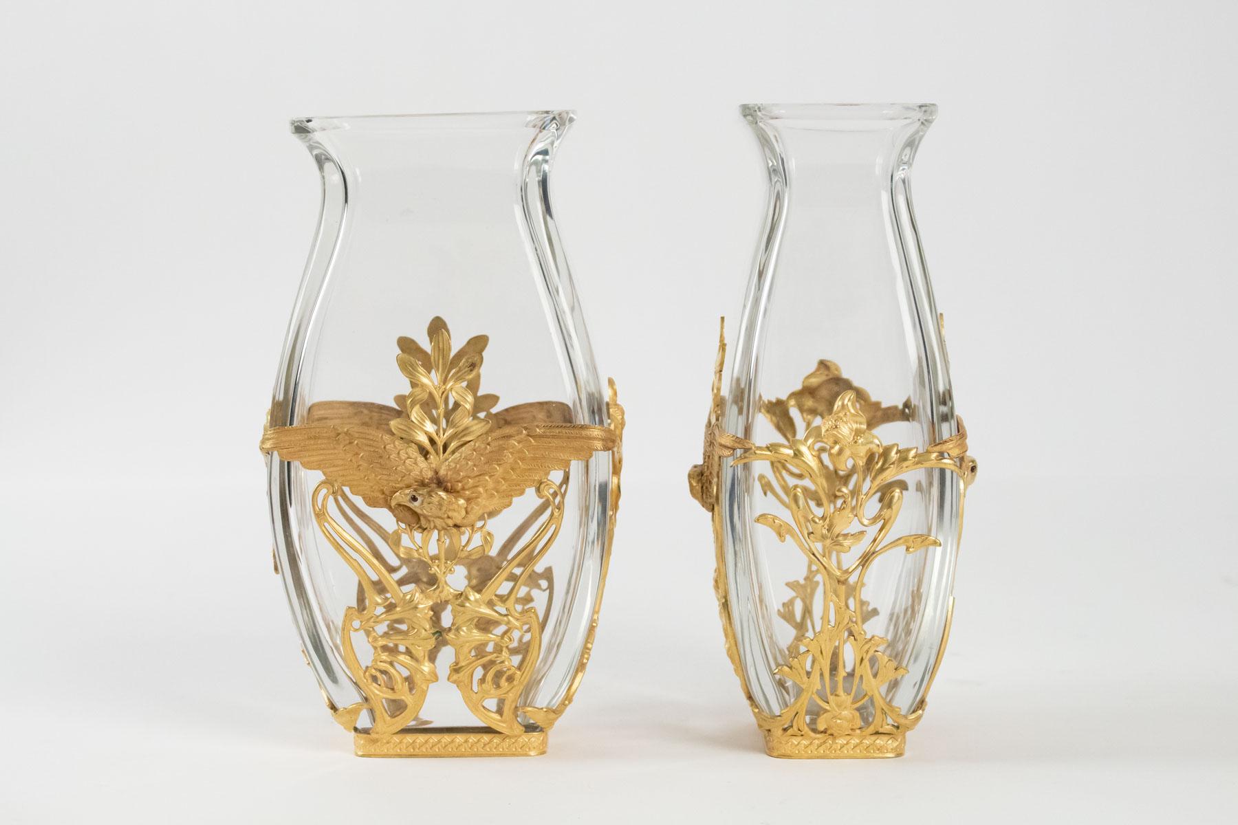 20th Century Pair of Crystal Vases and Mounted Brass Chiseled and Gilded, Large Decoration