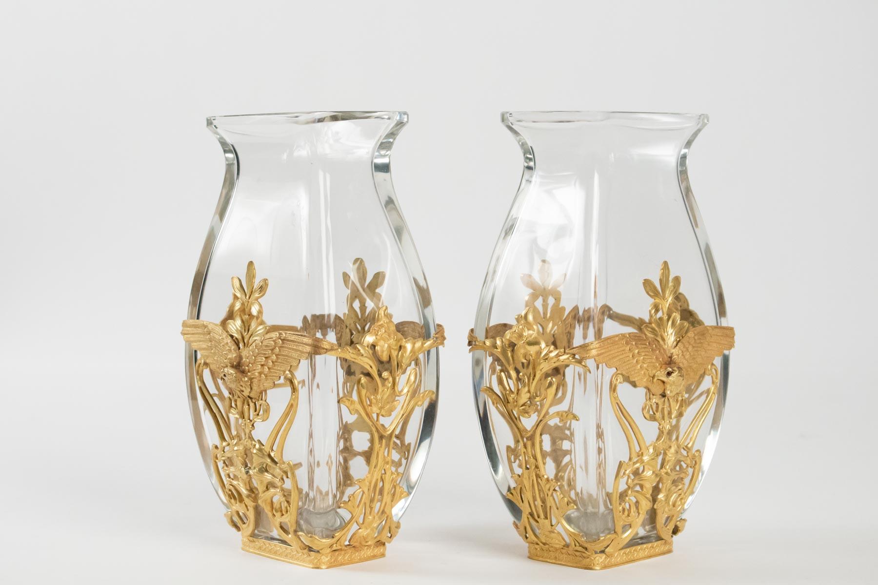 Pair of Crystal Vases and Mounted Brass Chiseled and Gilded, Large Decoration 1