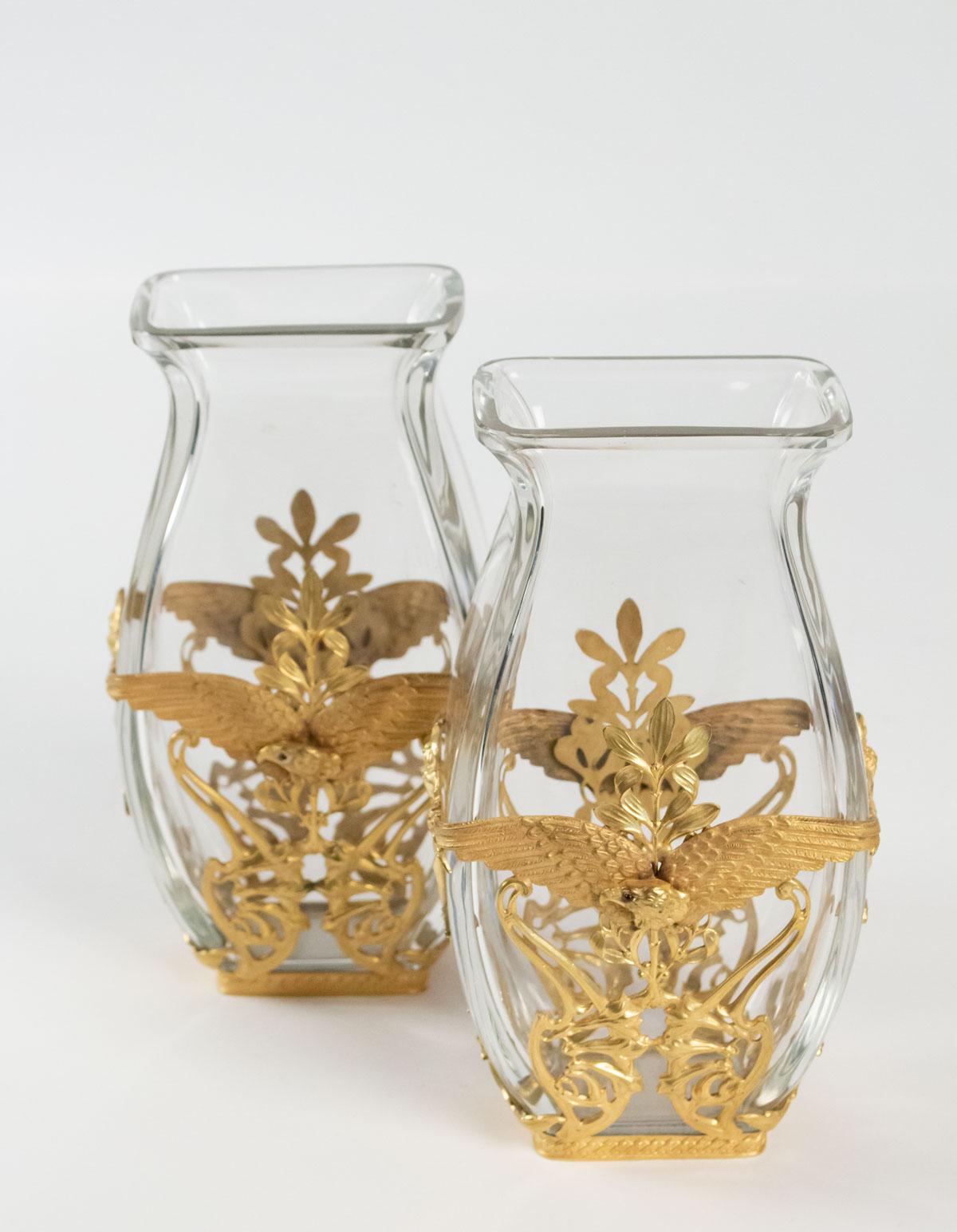Pair of Crystal Vases and Mounted Brass Chiseled and Gilded, Large Decoration 2