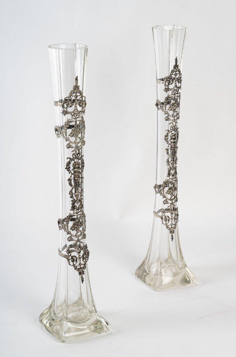 Napoleon III Pair of Crystal Vases with Silver Decoration