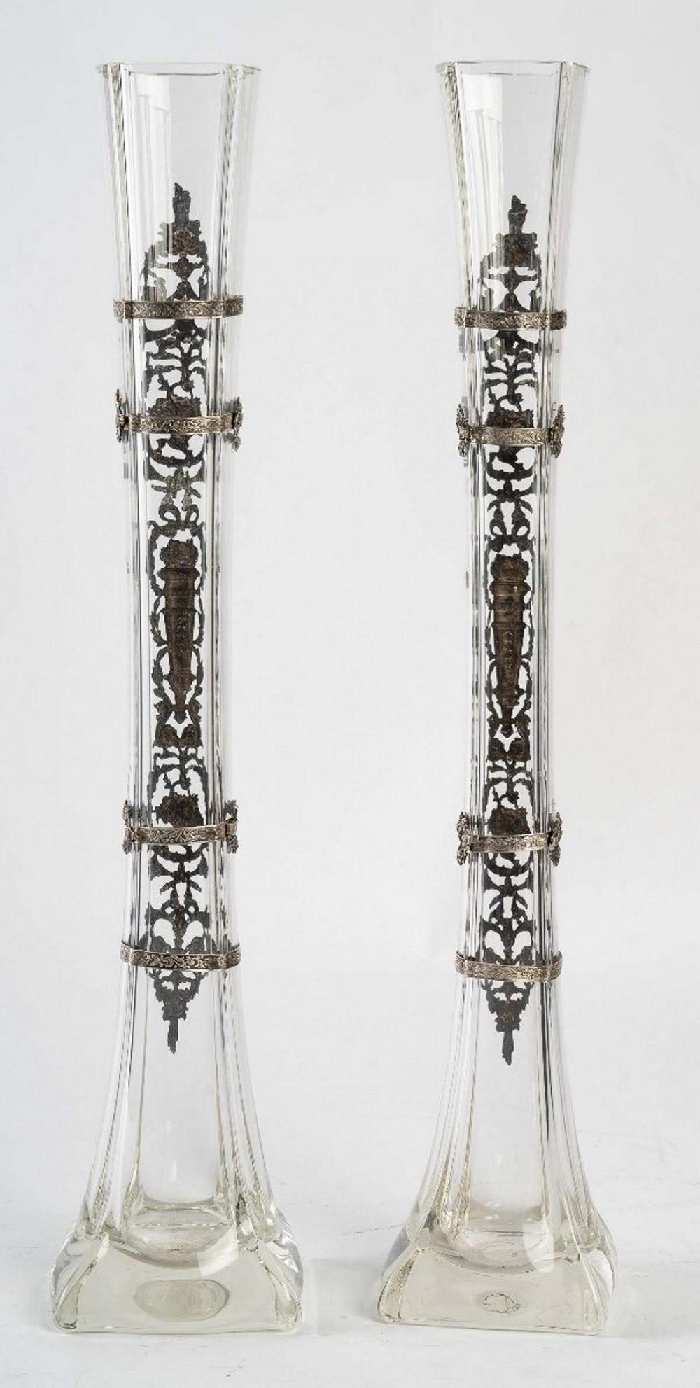 Late 19th Century Pair of Crystal Vases with Silver Decoration