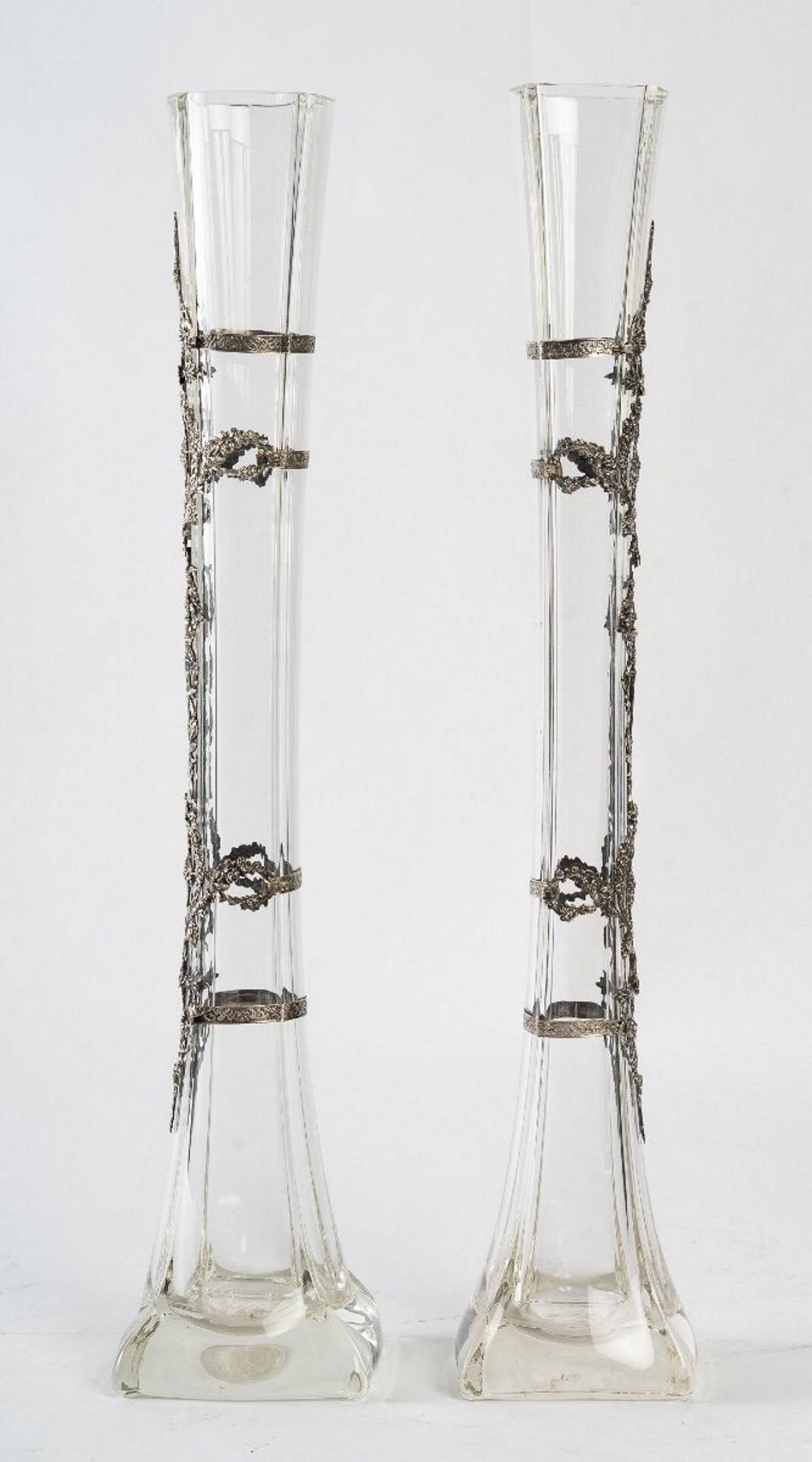 Pair of Crystal Vases with Silver Decoration 1