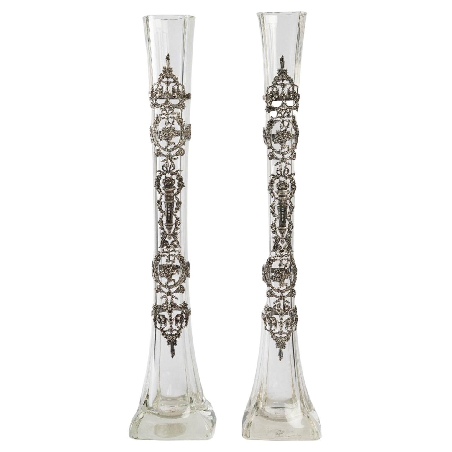 Pair of Crystal Vases with Silver Decoration