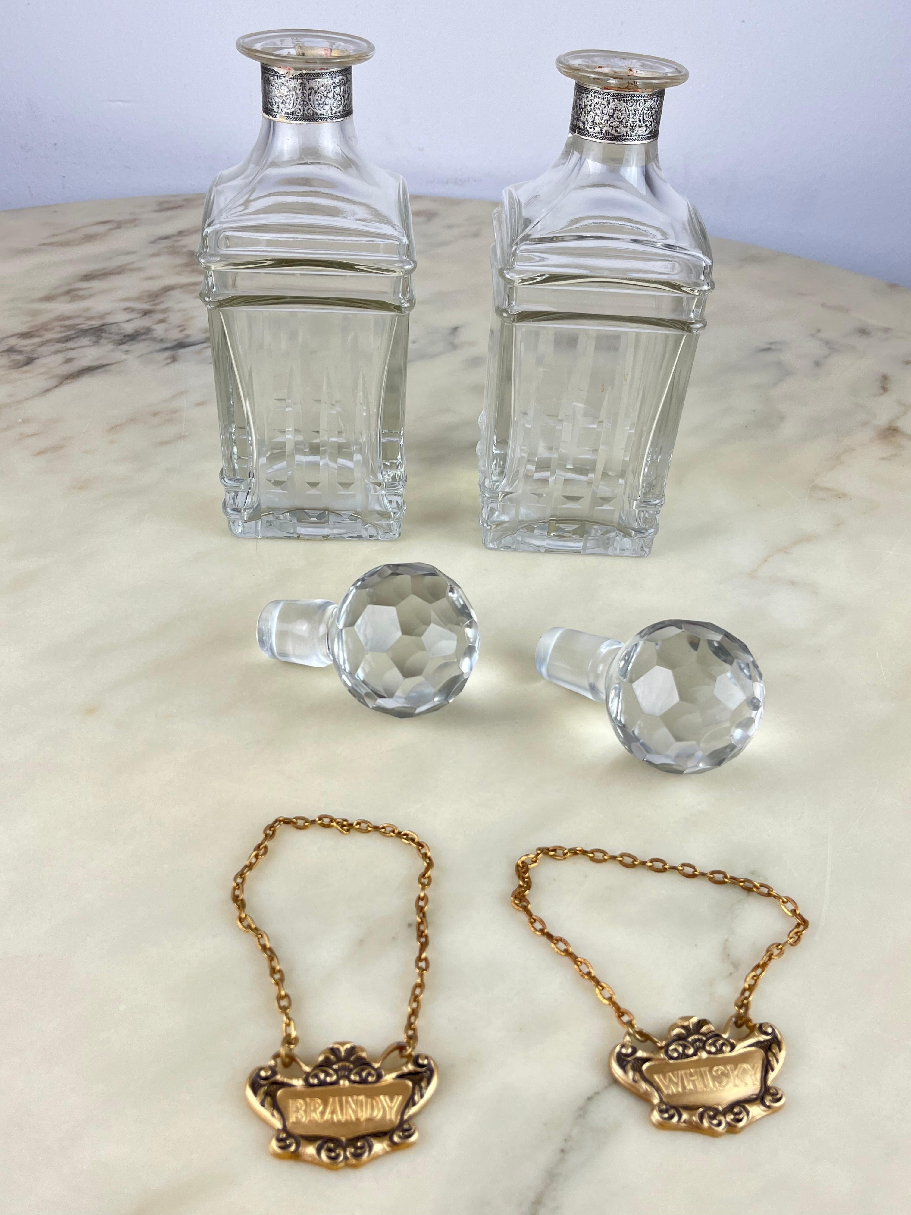 Late 20th Century Pair of Crystal Whiskey and Brandy Bottles, Made in Italy, 1970s For Sale