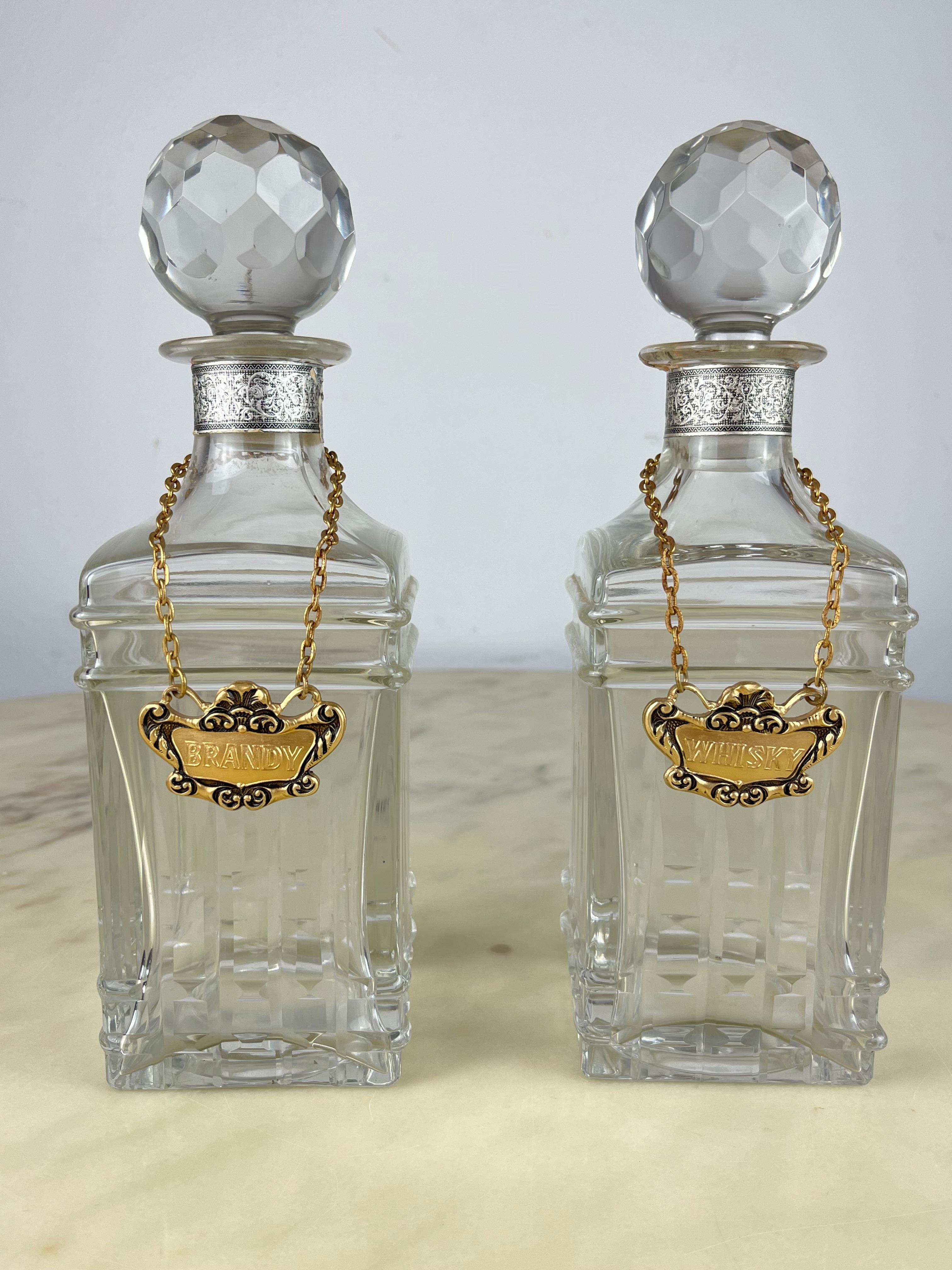 Pair of Crystal Whiskey and Brandy Bottles, Made in Italy, 1970s For Sale 3