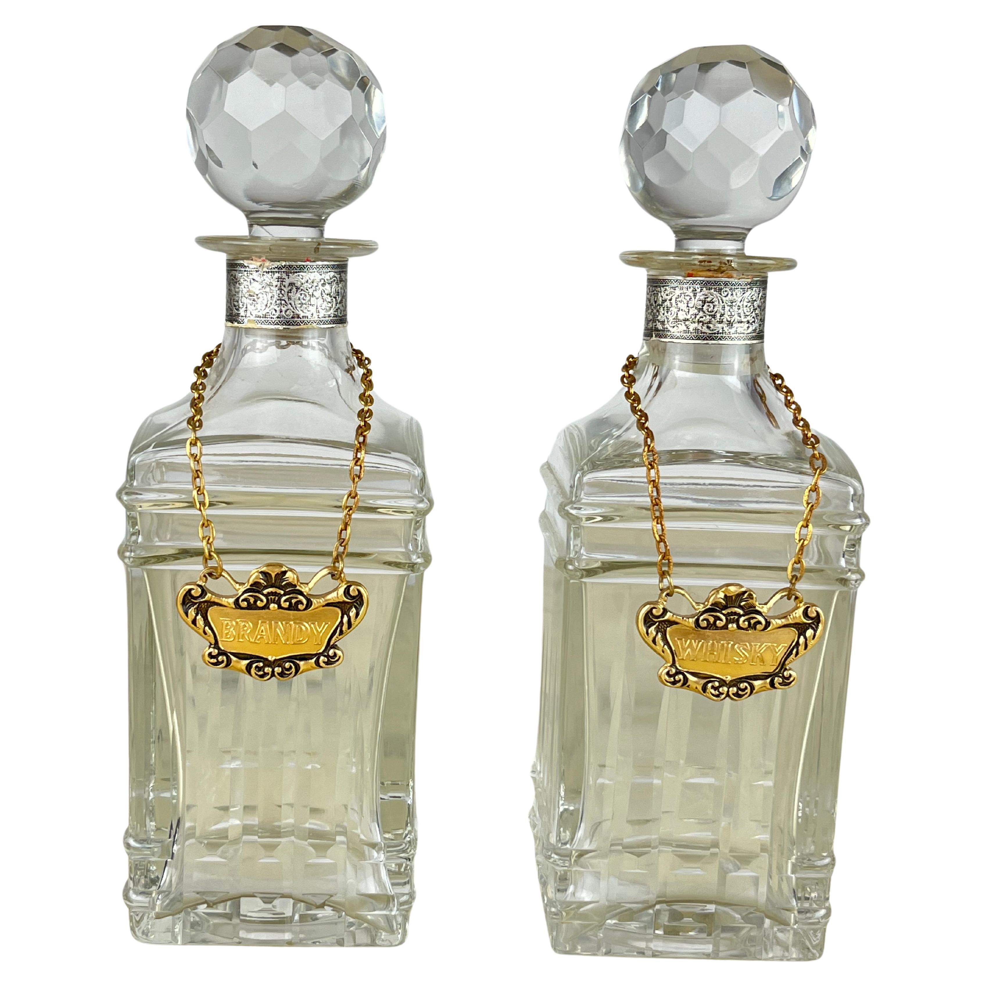 Pair of Crystal Whiskey and Brandy Bottles, Made in Italy, 1970s For Sale